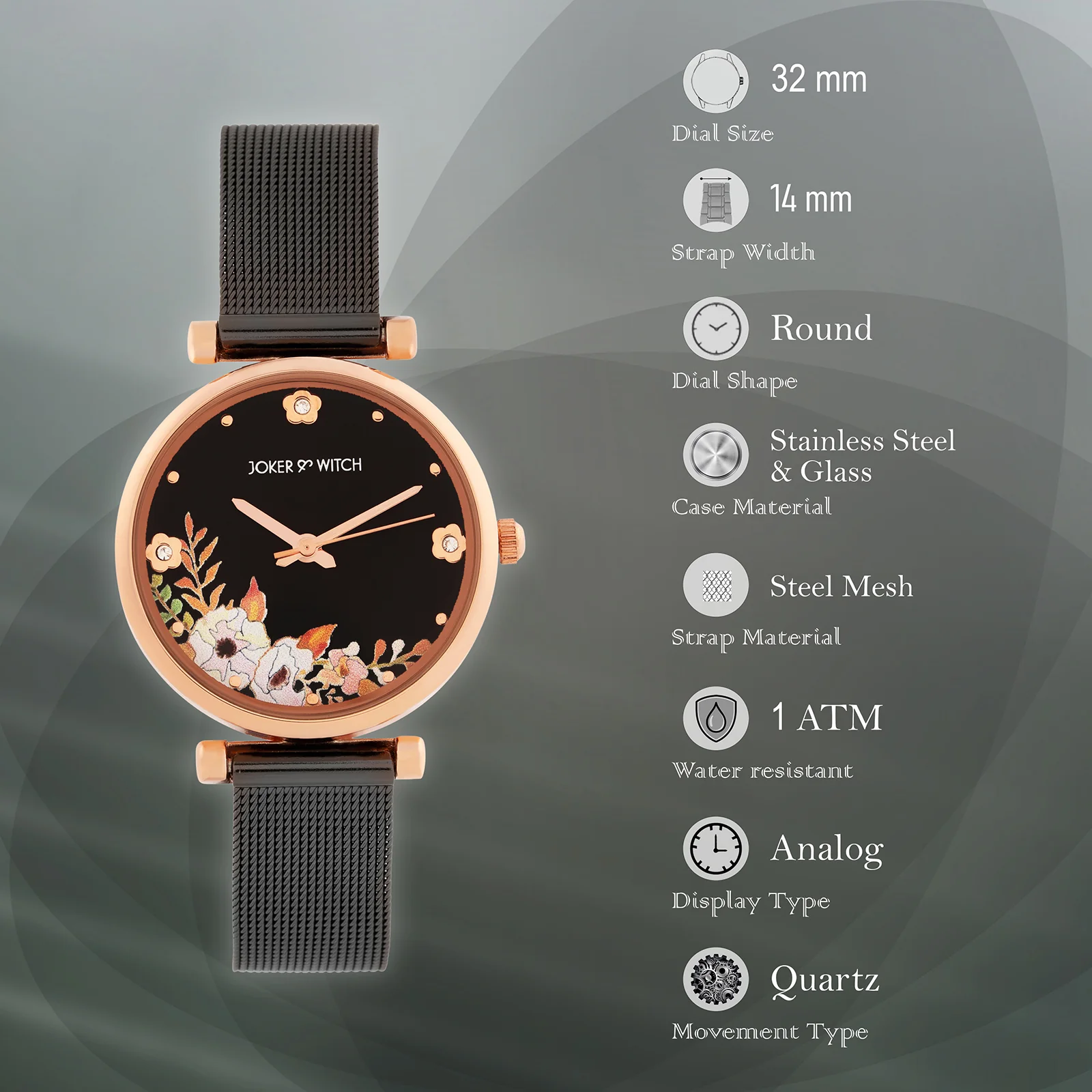 Rosebud Black Medium Dial Mesh Strap Women's Watch - Image 7