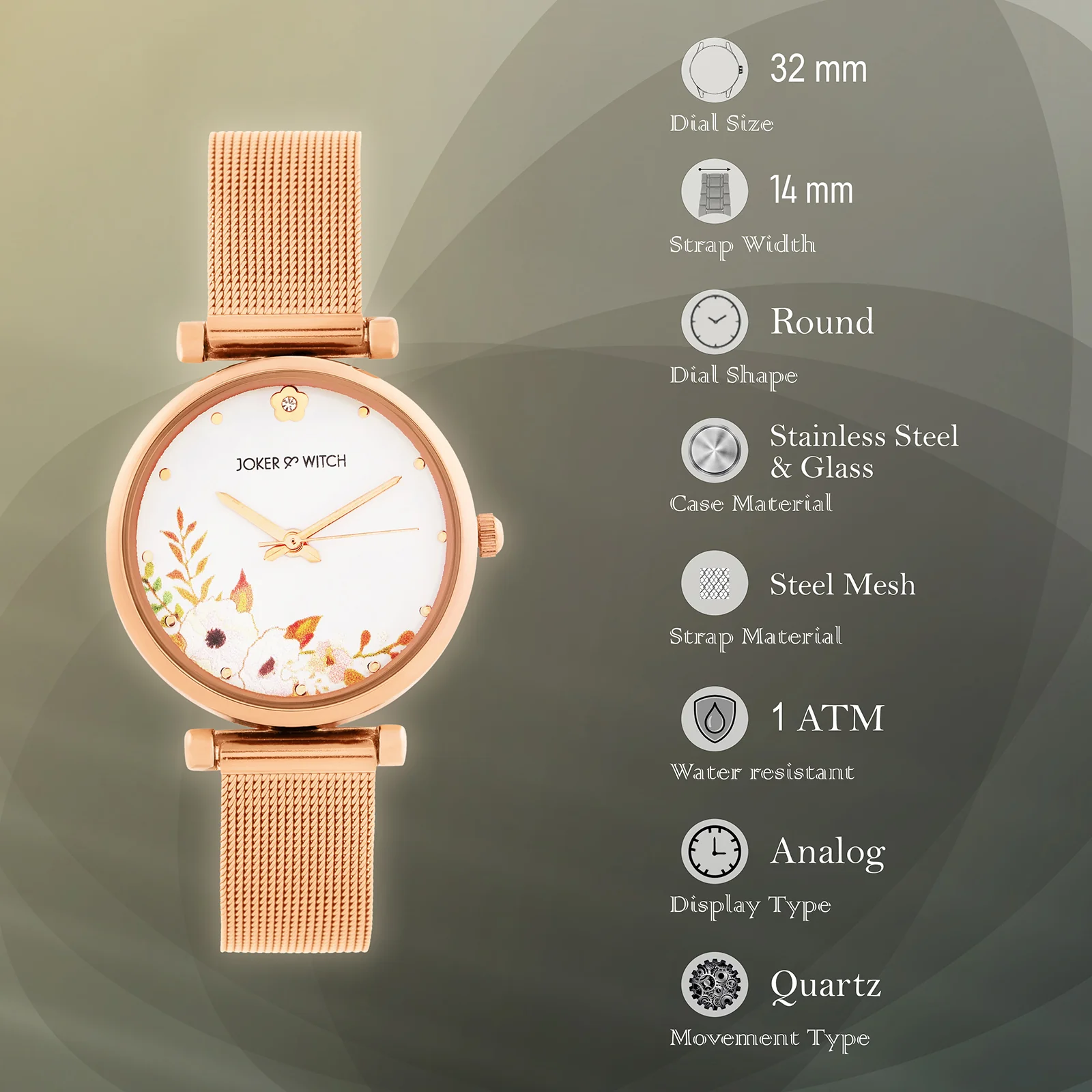 Rosebud Serenity White Medium Dial Rose Gold Mesh Strap Women's Watch - Image 7