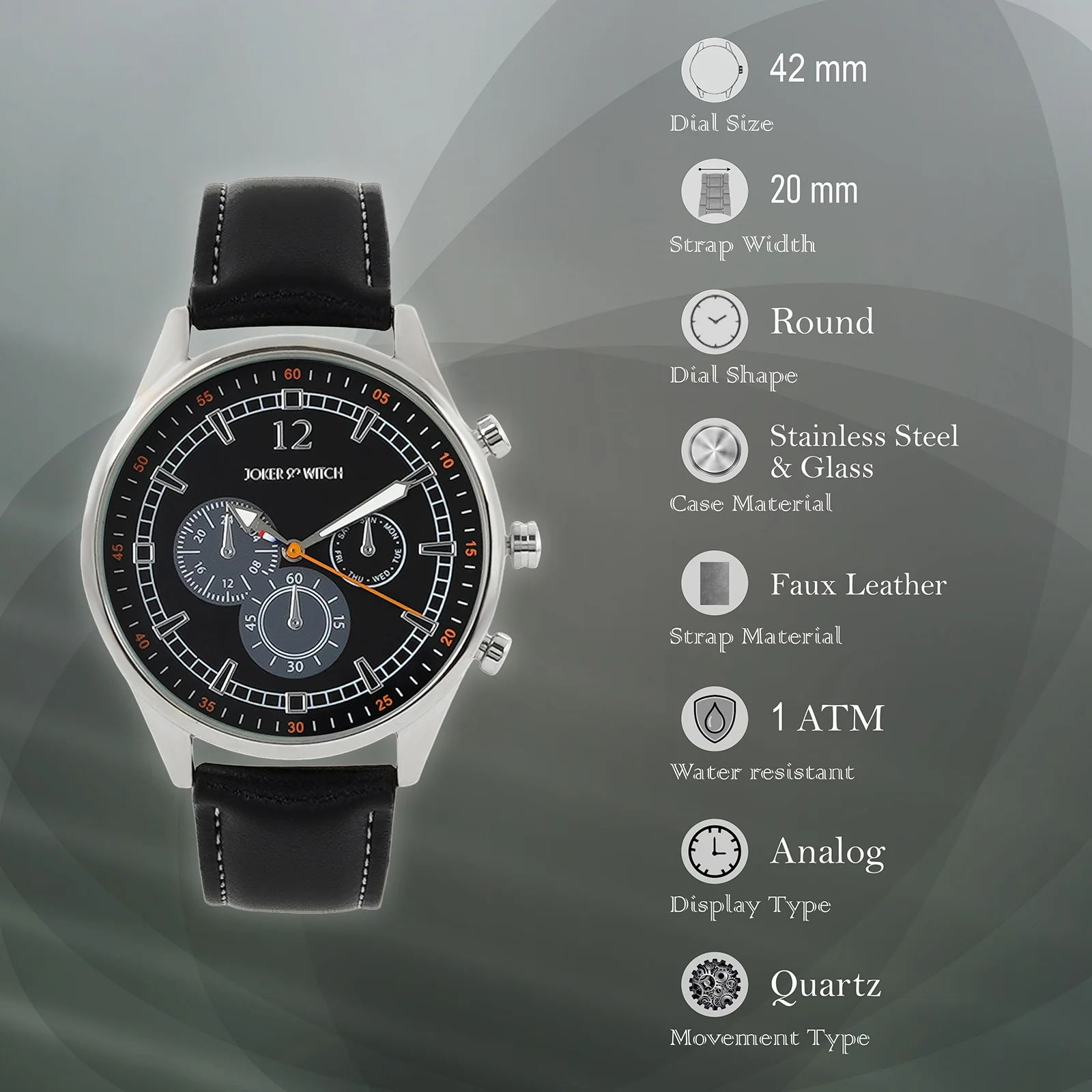 Rover Black Large Dial PU Strap Men's Watch - Image 7