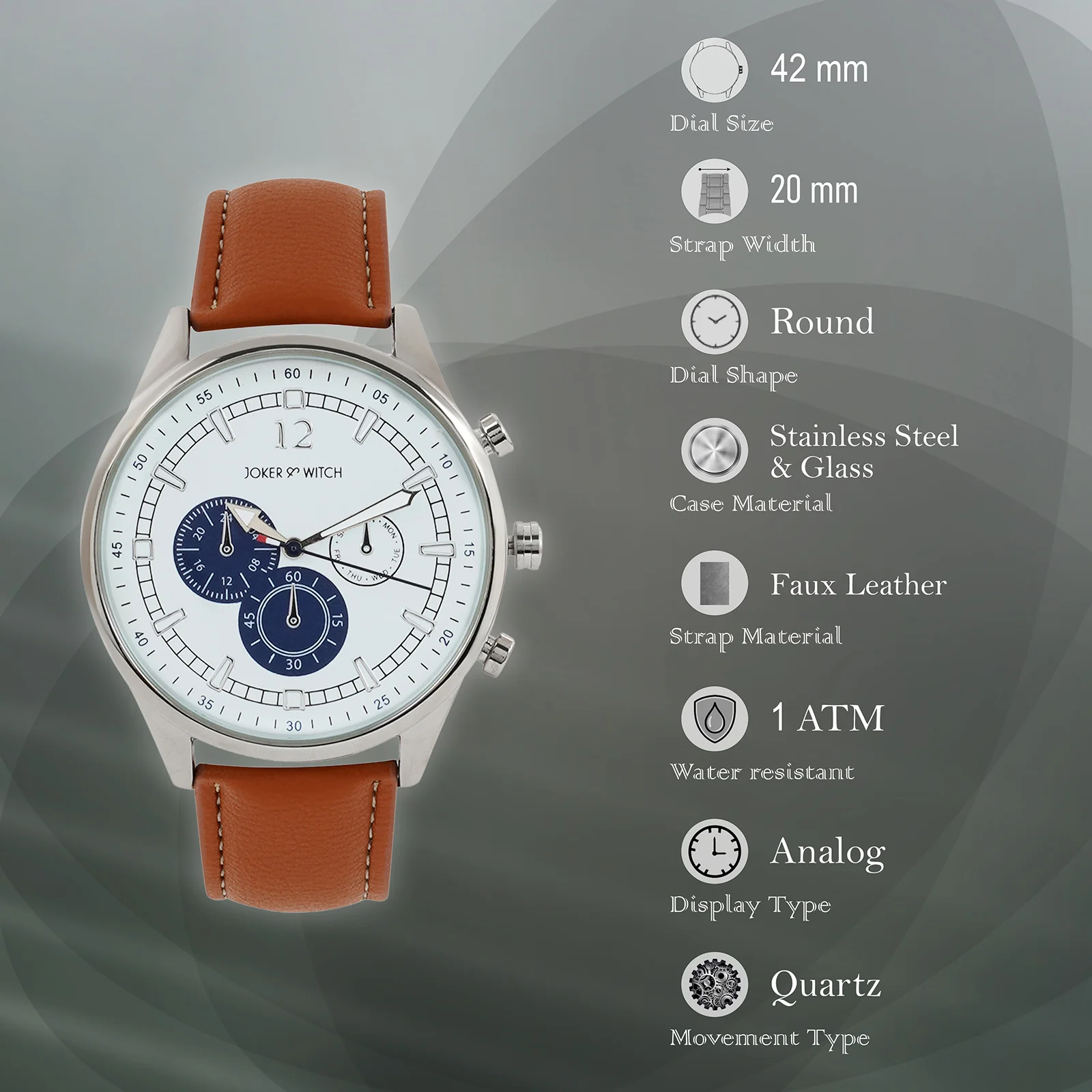 Rover White Large Dial Tan PU Strap Men's Watch - Image 7