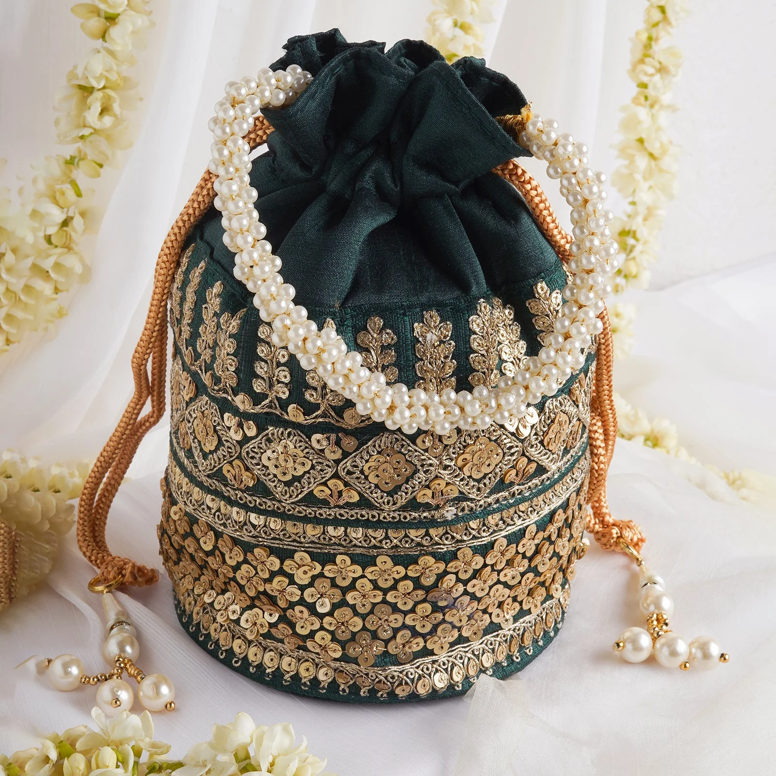 Royal Affair Bottle Green Embroidered Potli Bag - Image 2