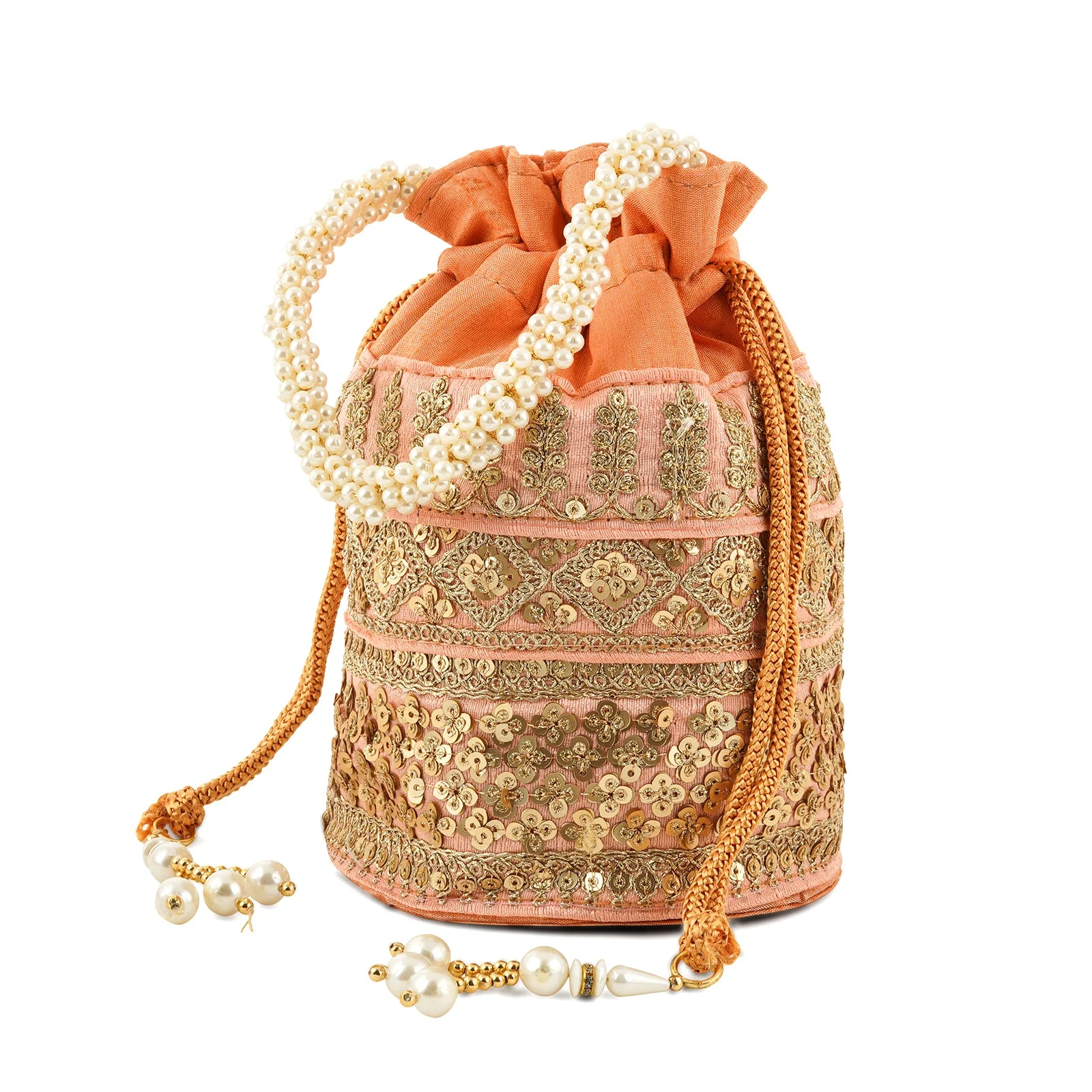 Royal Affair Peach Embroidered Potli Bag - Image 4