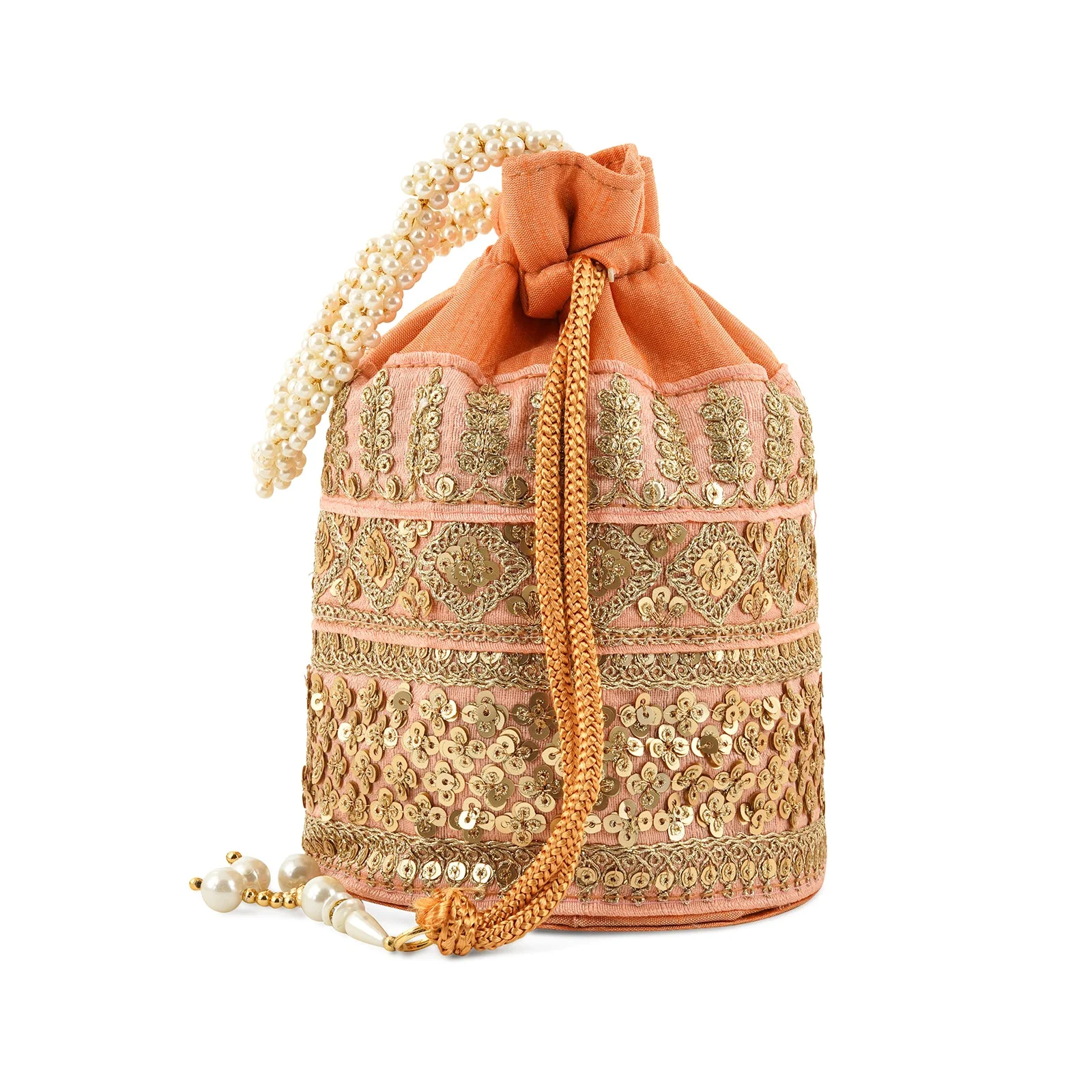 Royal Affair Peach Embroidered Potli Bag - Image 5