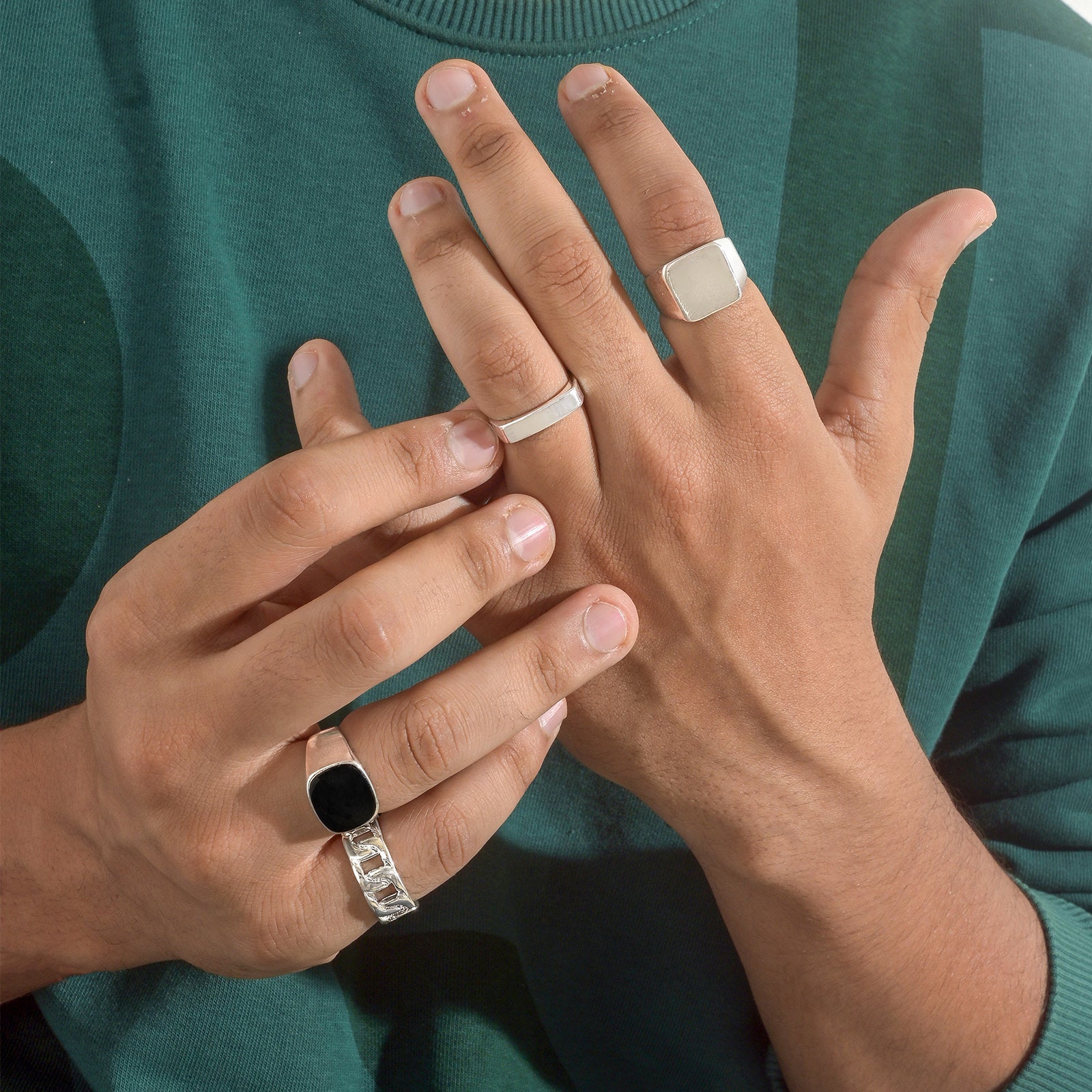 Rugged Silver Black Men Ring Set - Image 2