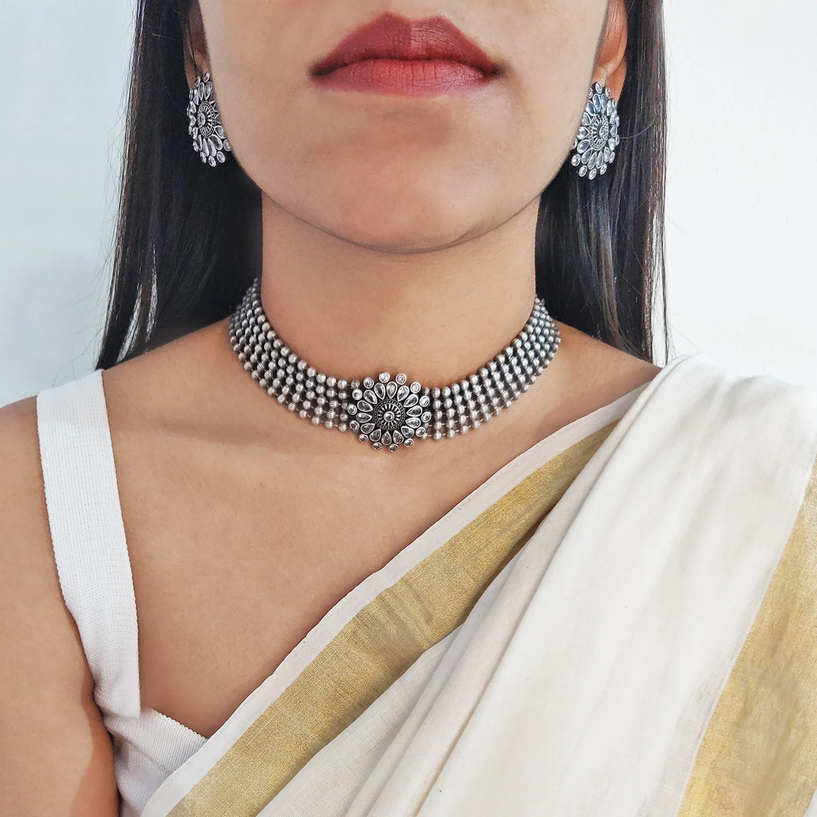 Sasha White Circular Silver Oxidized Necklace Set - Image 2
