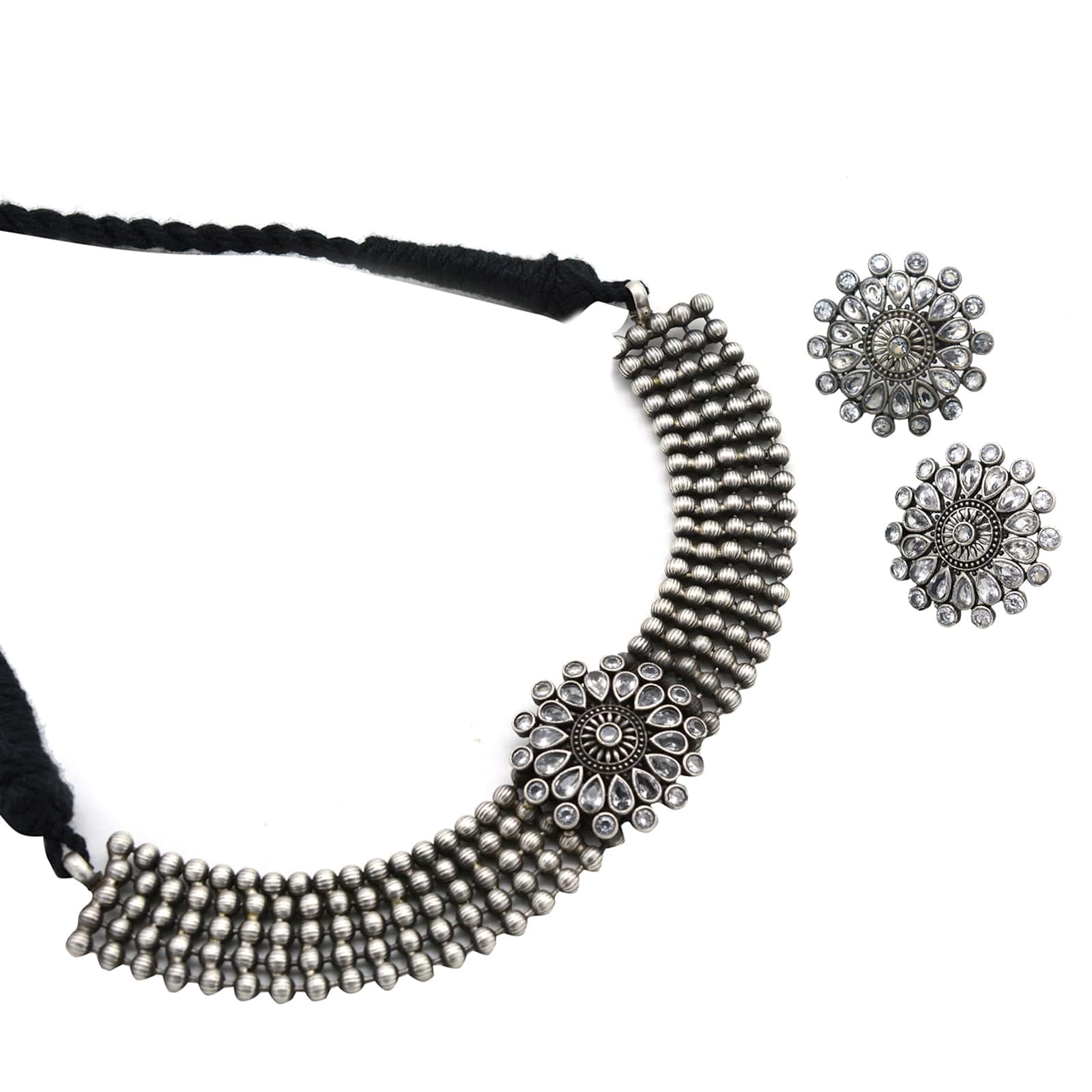Sasha White Circular Silver Oxidized Necklace Set - Image 3