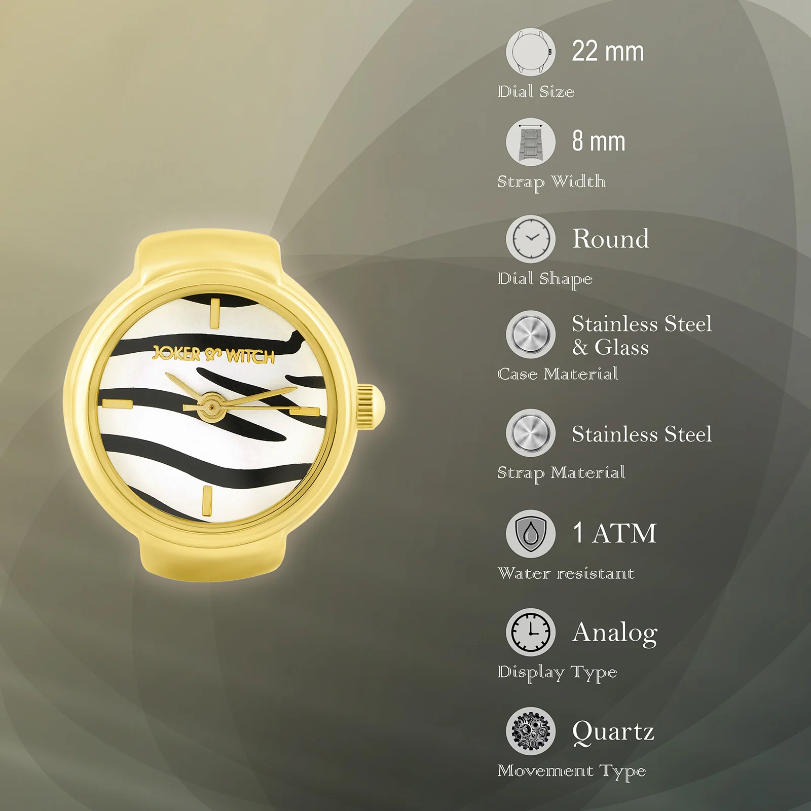 Savanna Zebra Mini Dial Gold Women's Ring Watch - Image 7