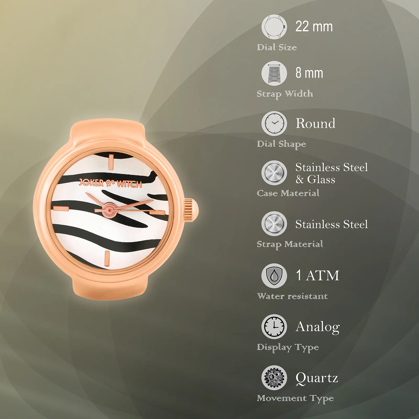 Savanna Zebra Mini Dial Rose Gold Women's Ring Watch - Image 7