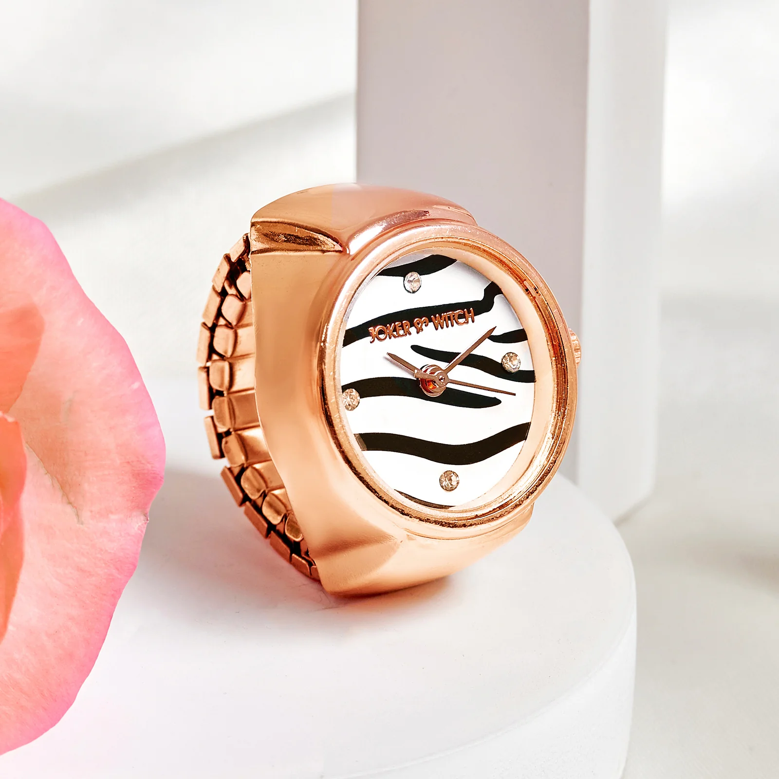 Savanna Zebra Mini Studded Dial Rose Gold Women's Ring Watch - Image 2