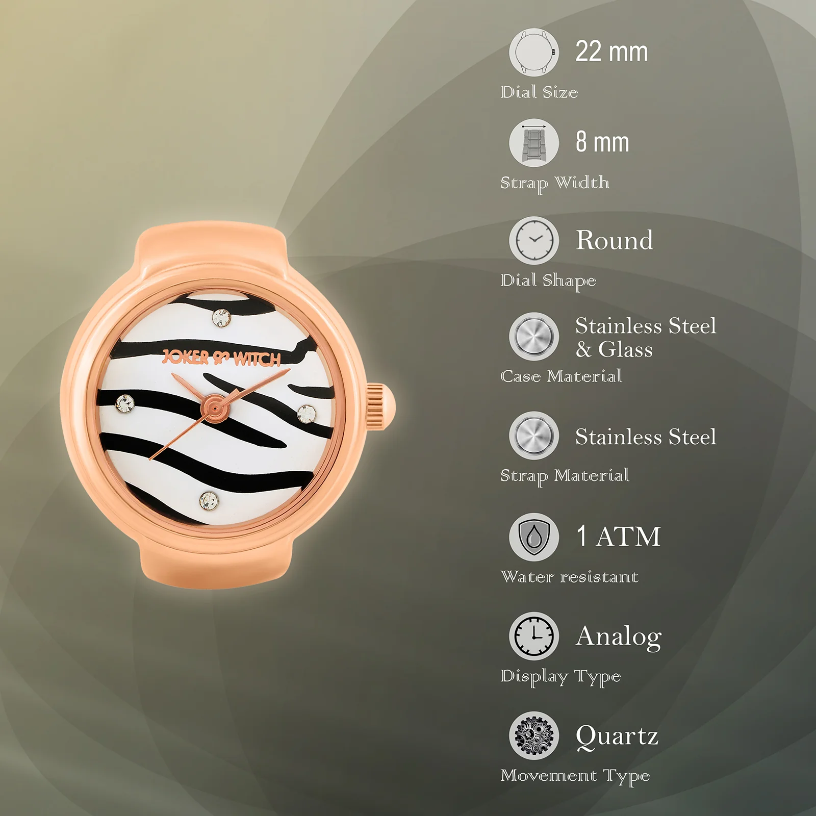 Savanna Zebra Mini Studded Dial Rose Gold Women's Ring Watch - Image 7
