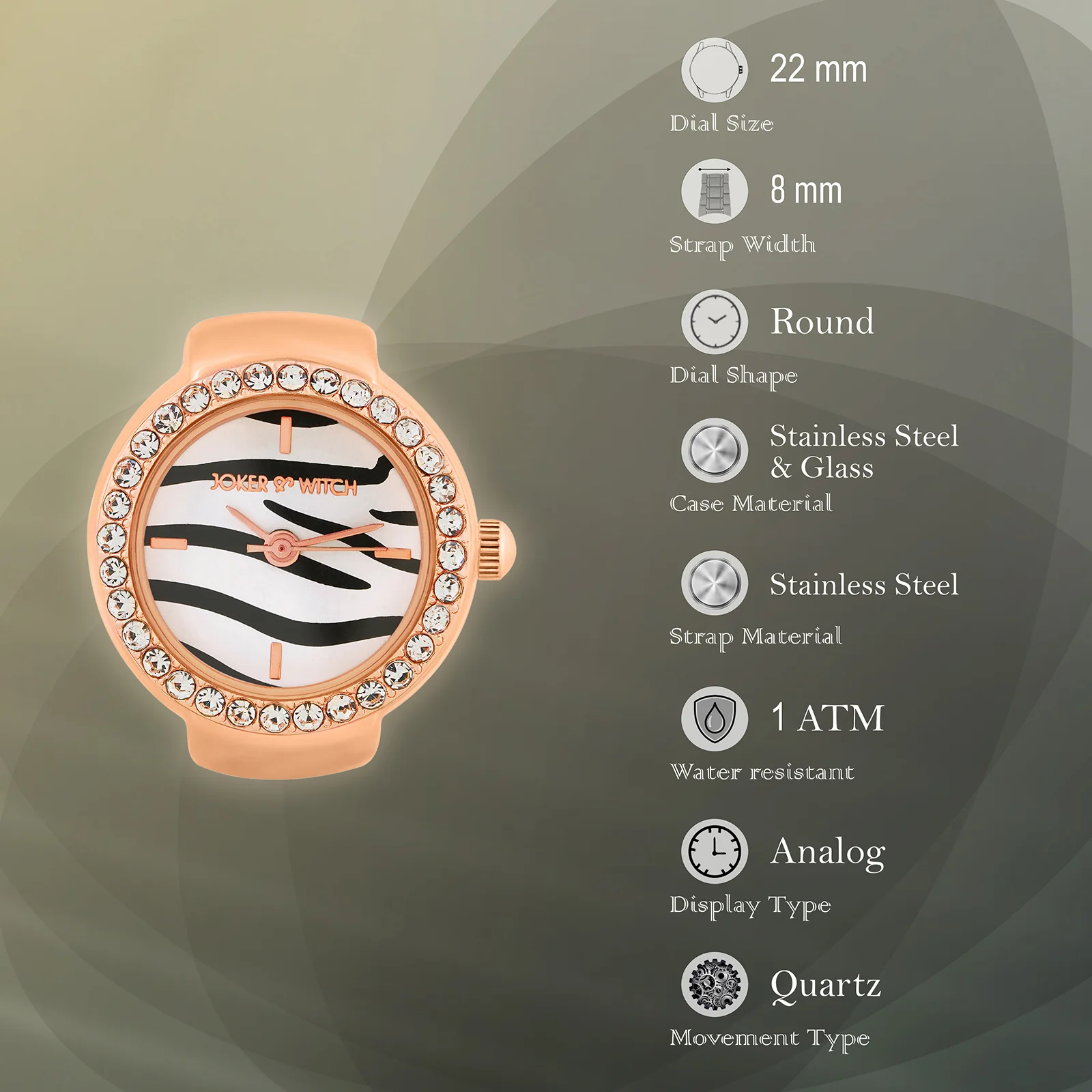 Savanna Zebra Mini Rhinestone Dial Rose Gold Women's Ring Watch - Image 7