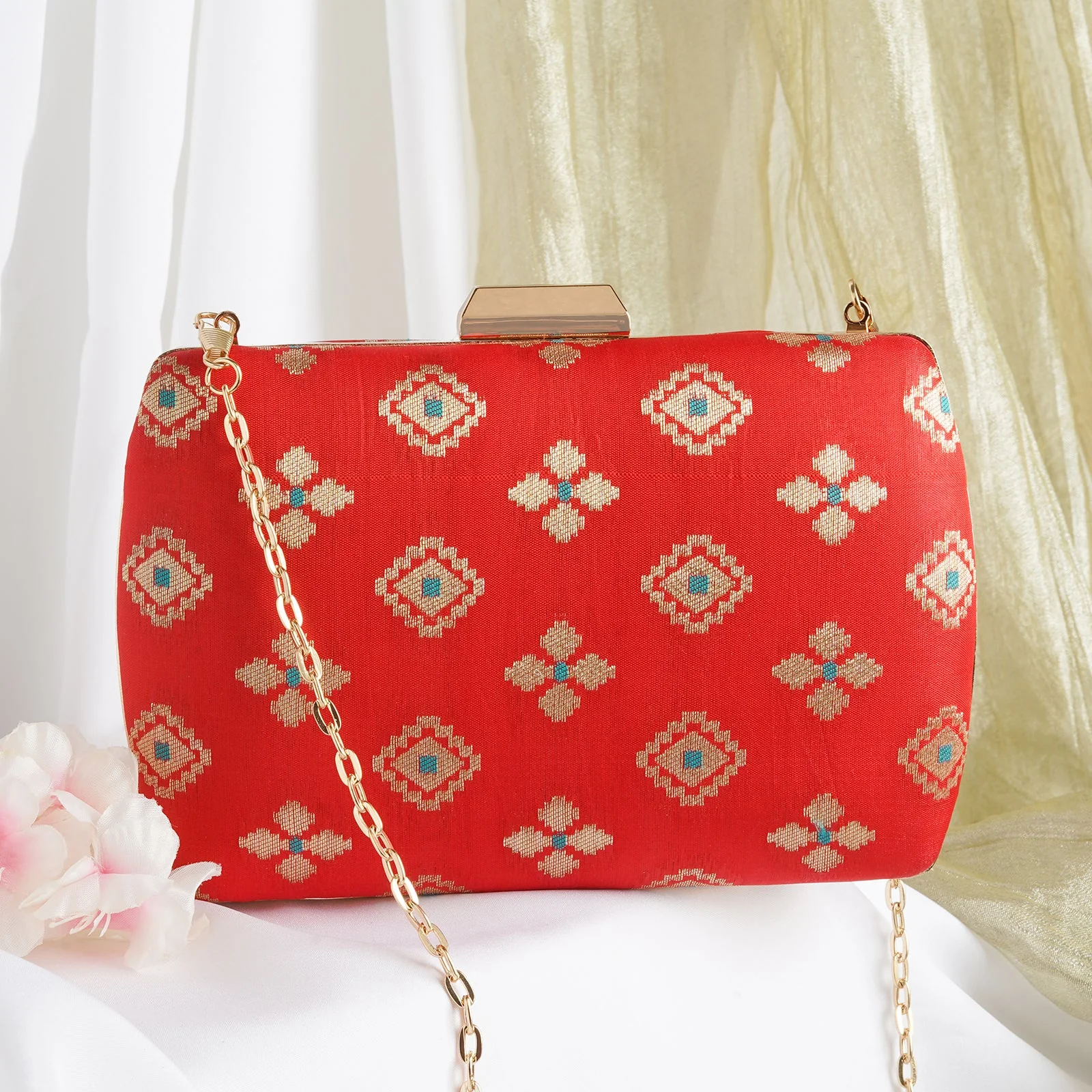 Shaadi Saga Orange Brocade Fabric Clutch - Image 2