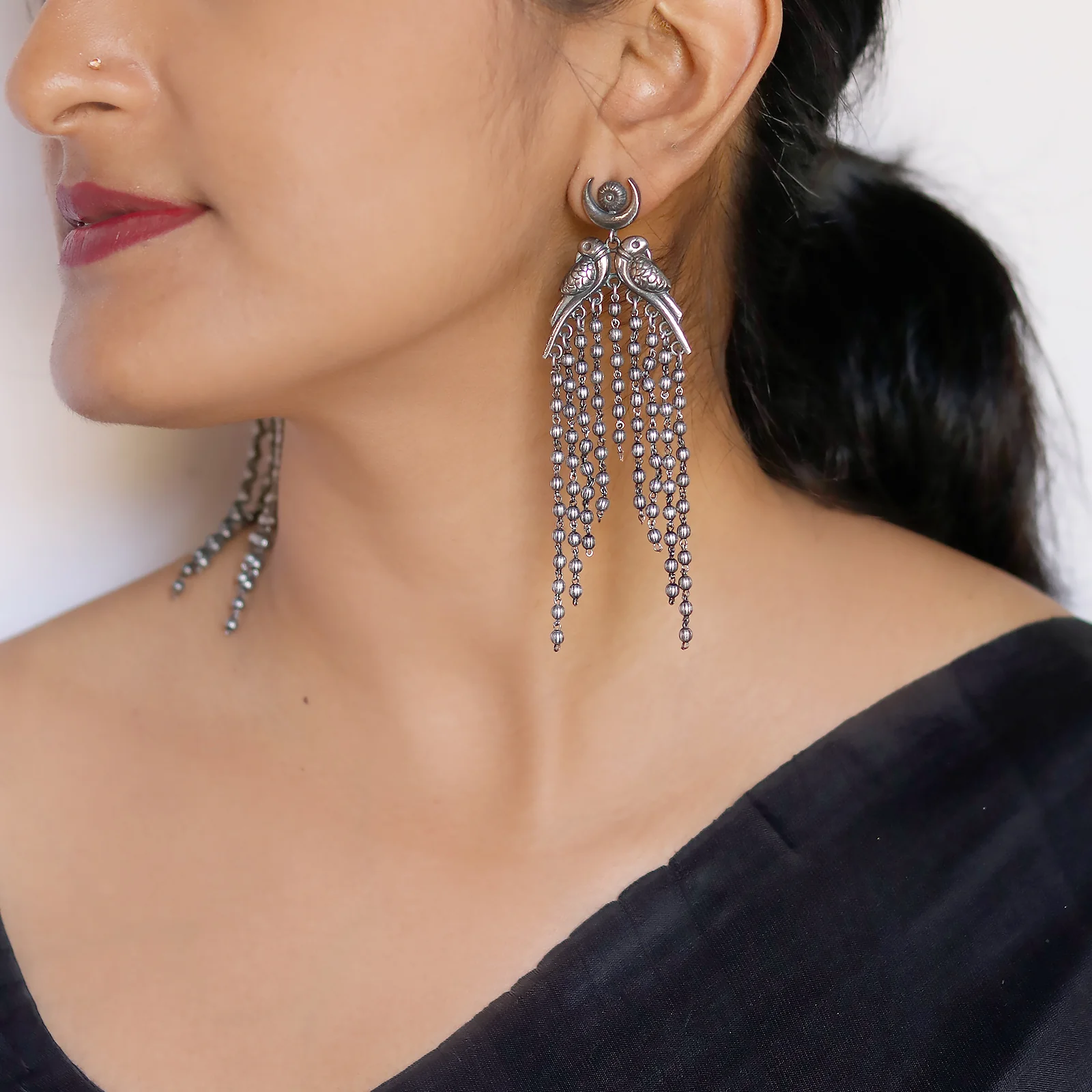 Shatakshi Peacock Silver Oxidized Earrings - Image 2