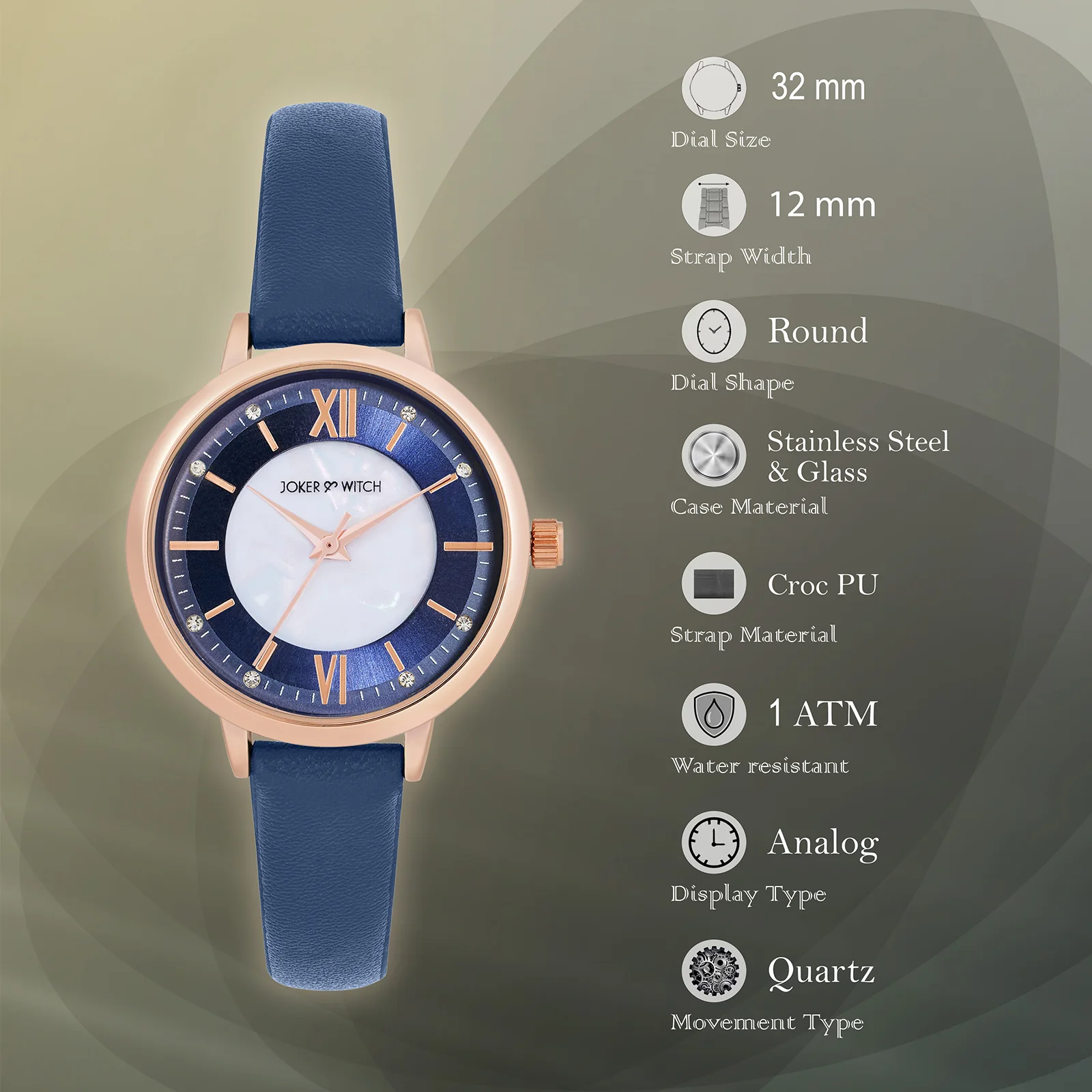 Skyfall Dark Blue and MOP Medium Dial Dark Blue PU Strap Women's Watch - Image 8