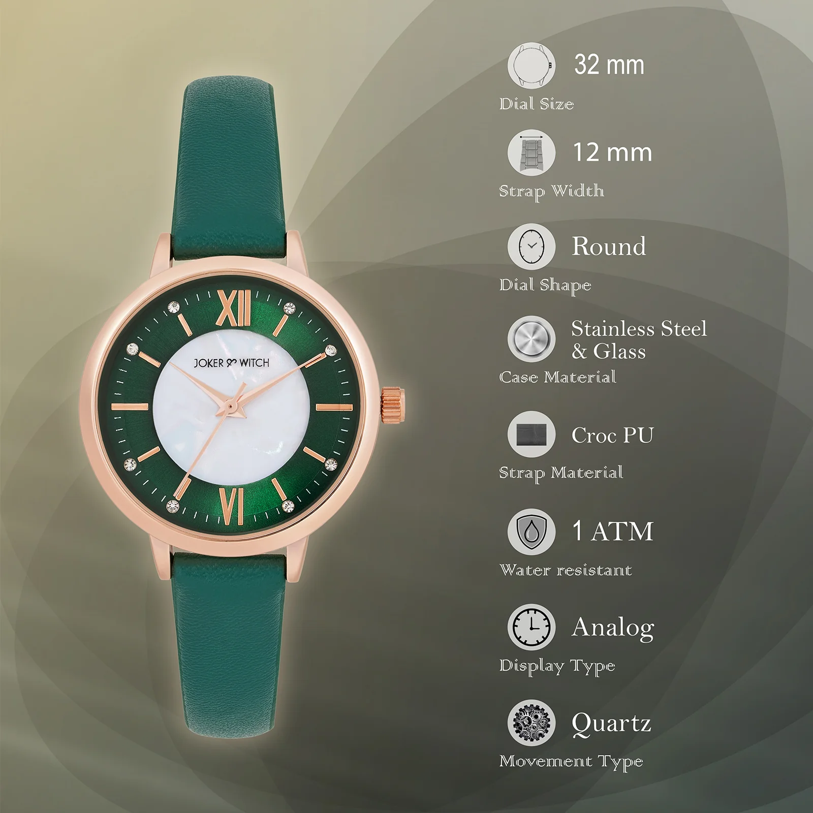 Skyfall Green and MOP Medium Dial Green PU Strap Women's Watch - Image 8