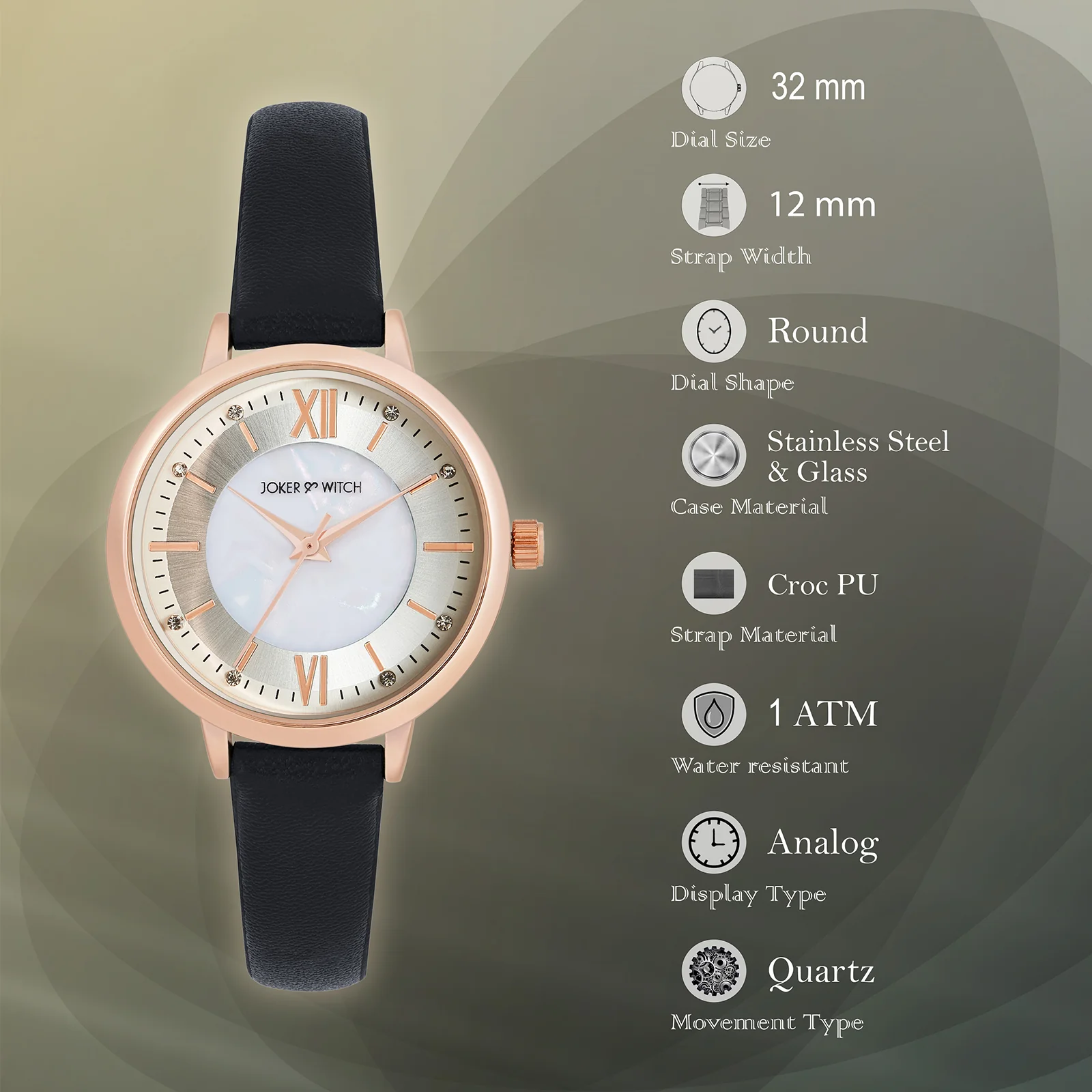 Skyfall White and MOP Medium Dial Black PU Strap Women's Watch - Image 8