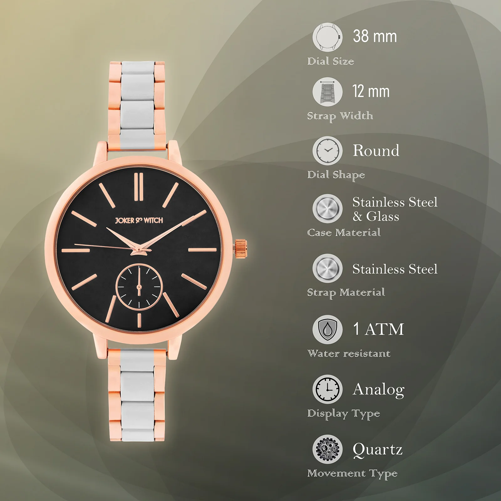 Sleek Black Large Dial Dual Tone Linked Chain Strap Women's Watch - Image 7