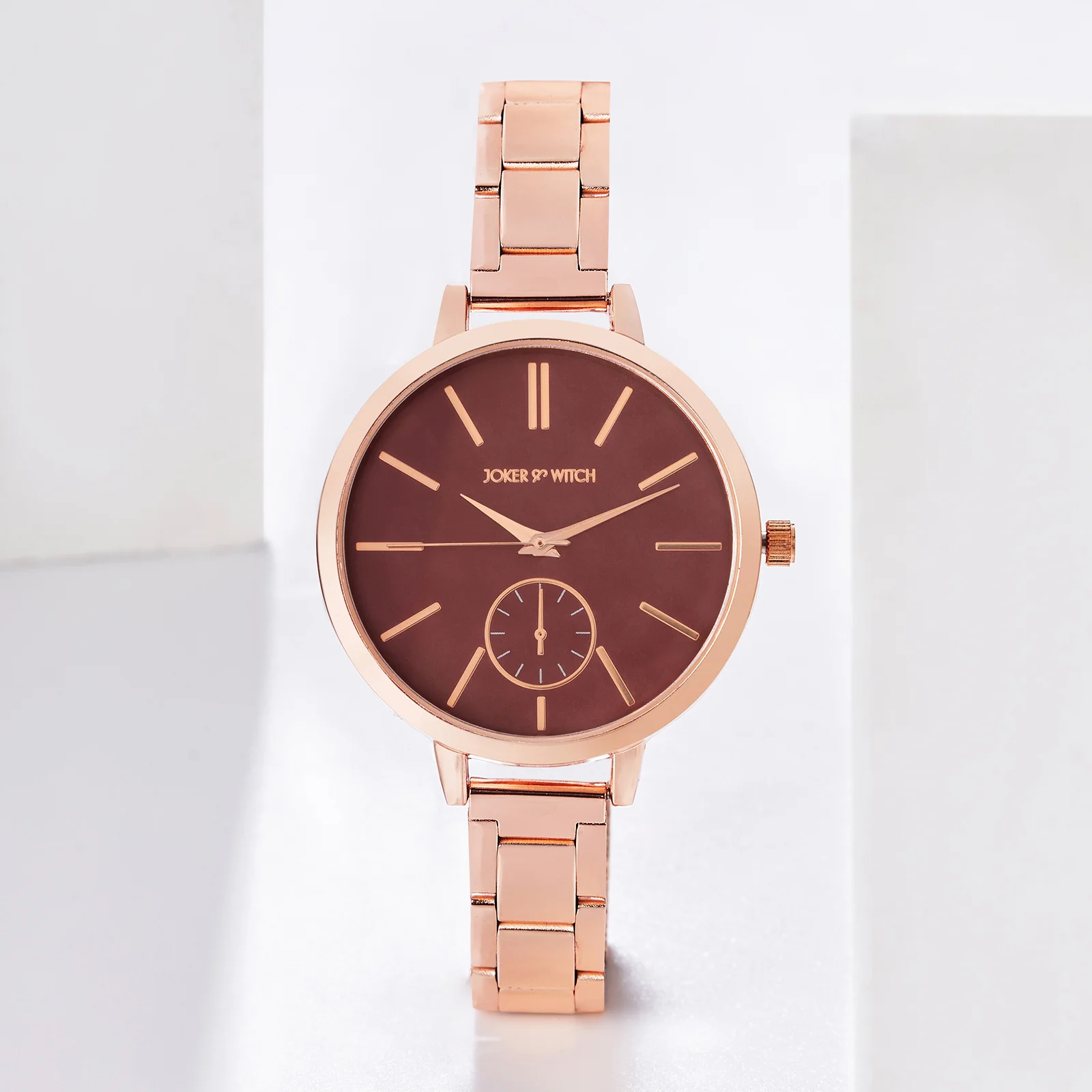 Sleek Maroon Large Dial Rose Gold Linked Chain Strap Women's Watch - Image 2