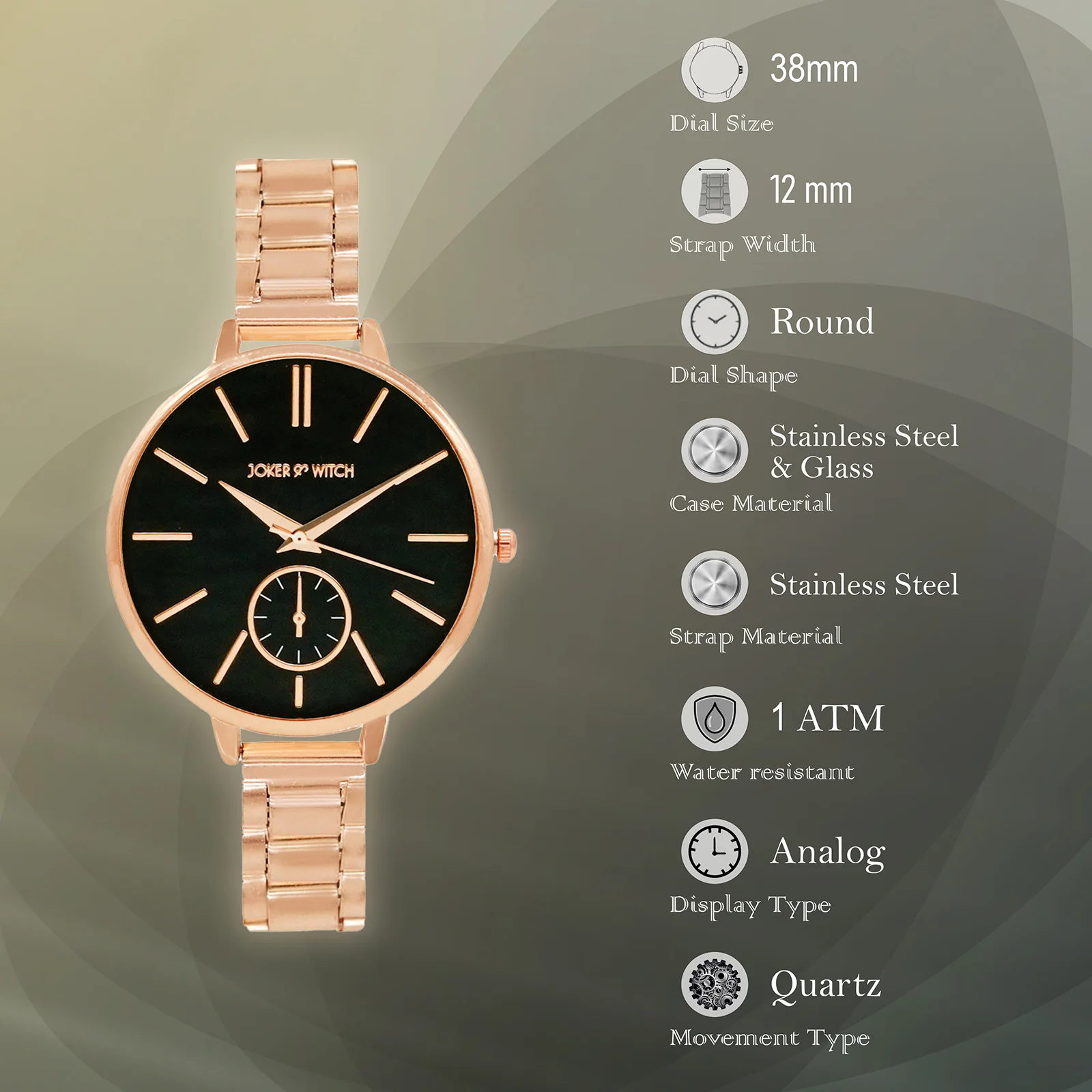 Sleek Black Large Dial Rose Gold Linked Chain Strap Women's Watch - Image 7