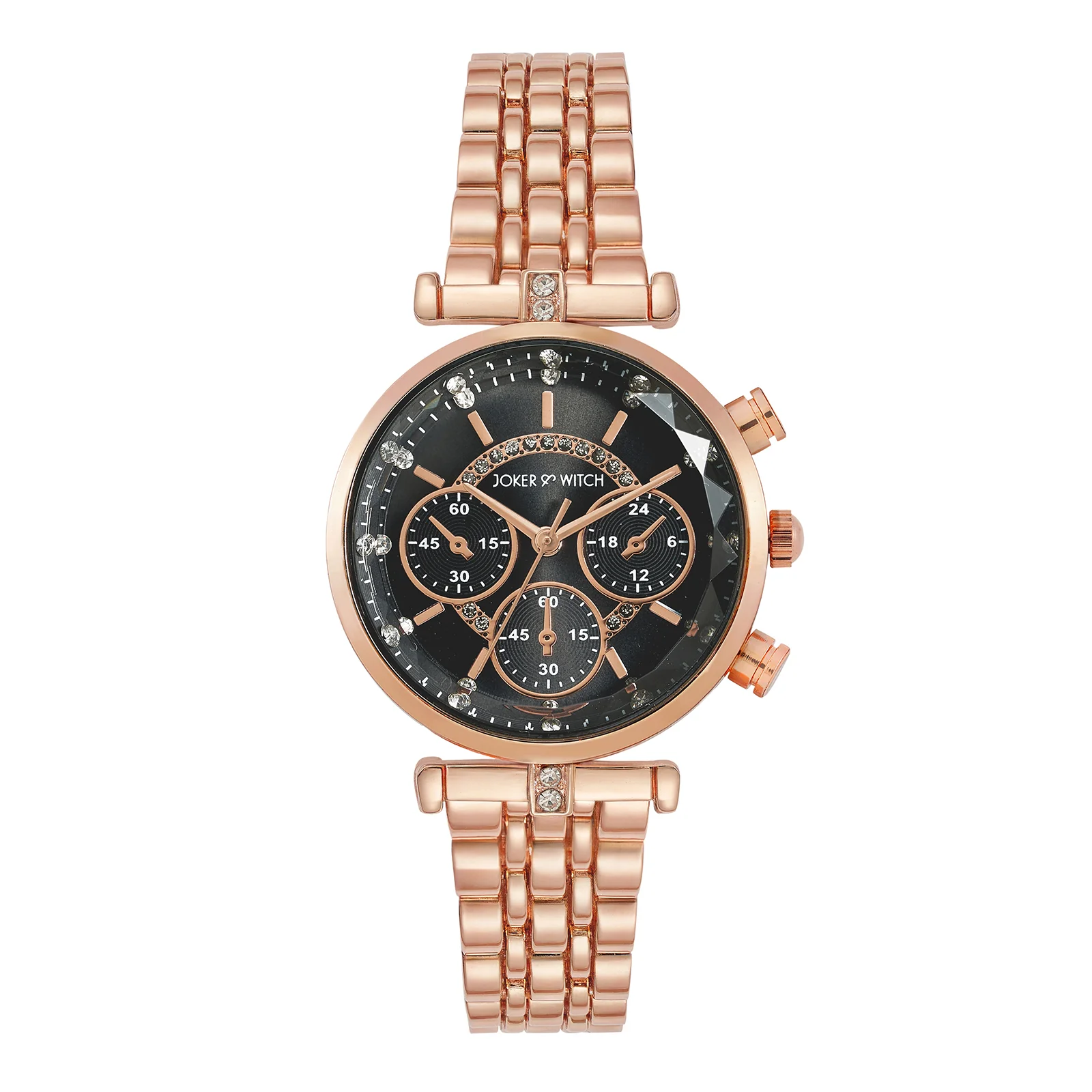 Solace Black Sunray Crystal Glass Small Dial Rosegold Metallic Strap Women's Watch - Image 3