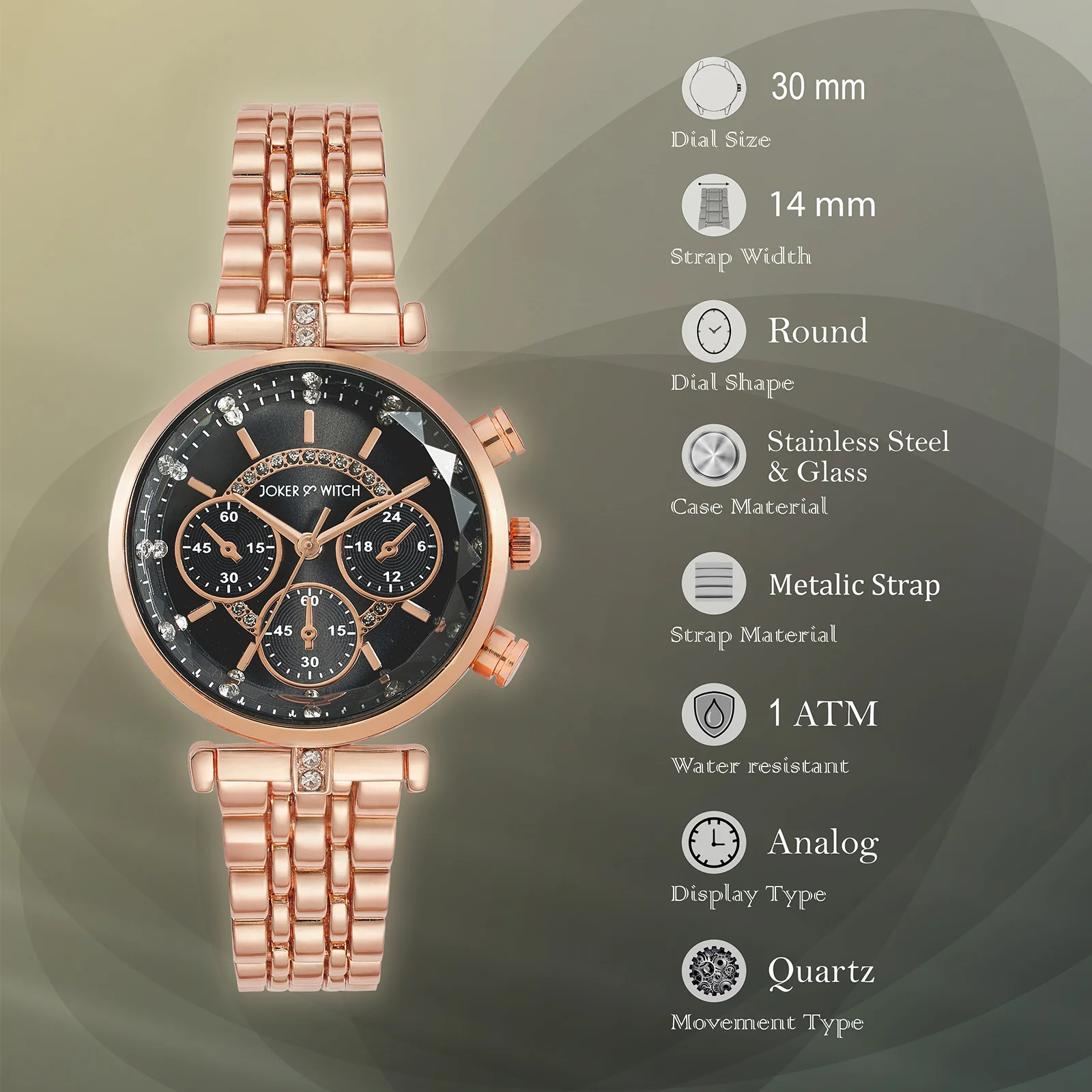 Solace Black Sunray Crystal Glass Small Dial Rosegold Metallic Strap Women's Watch - Image 8