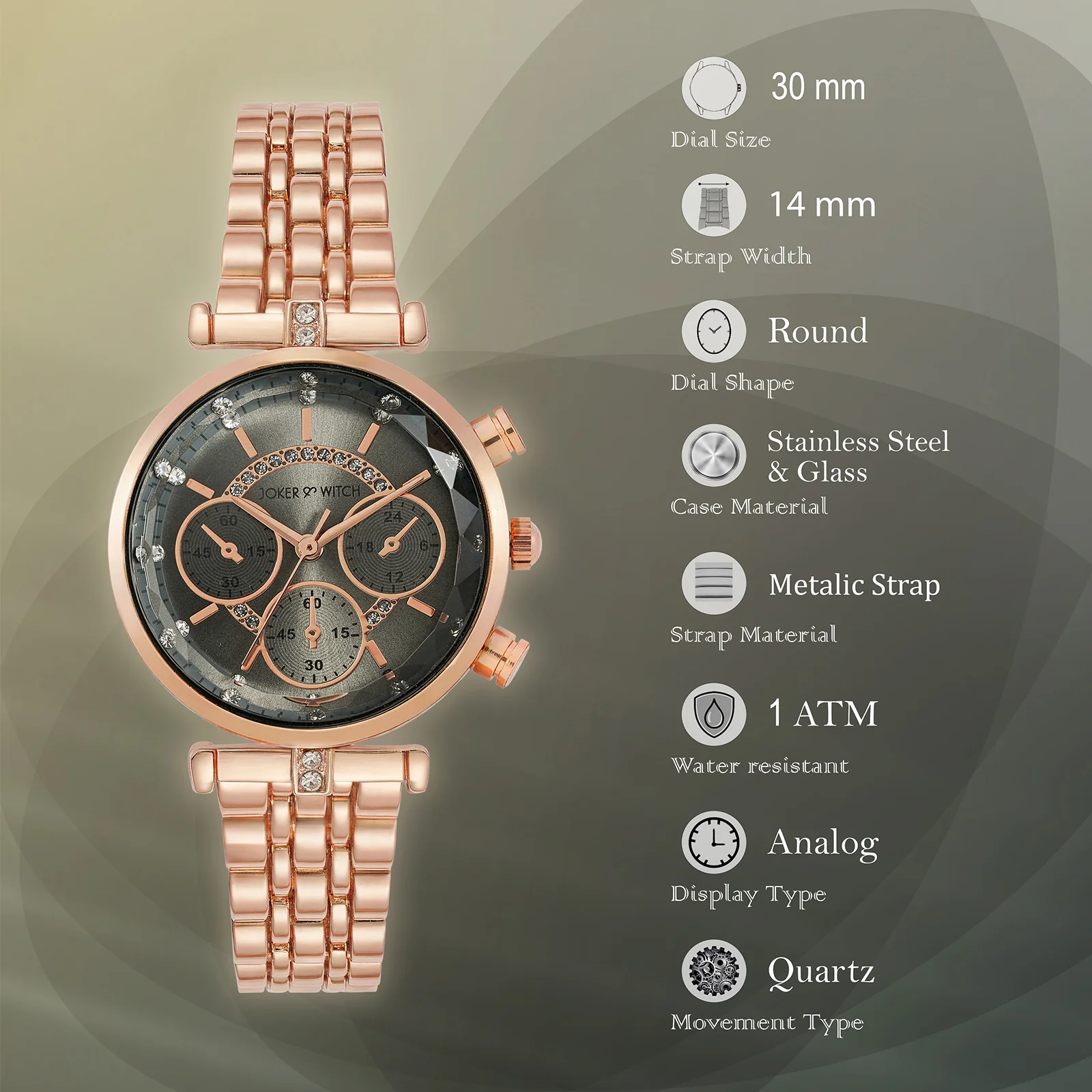 Solace Grey Sunray Crystal Glass Small Dial Rosegold Metallic Strap Women's Watch - Image 8