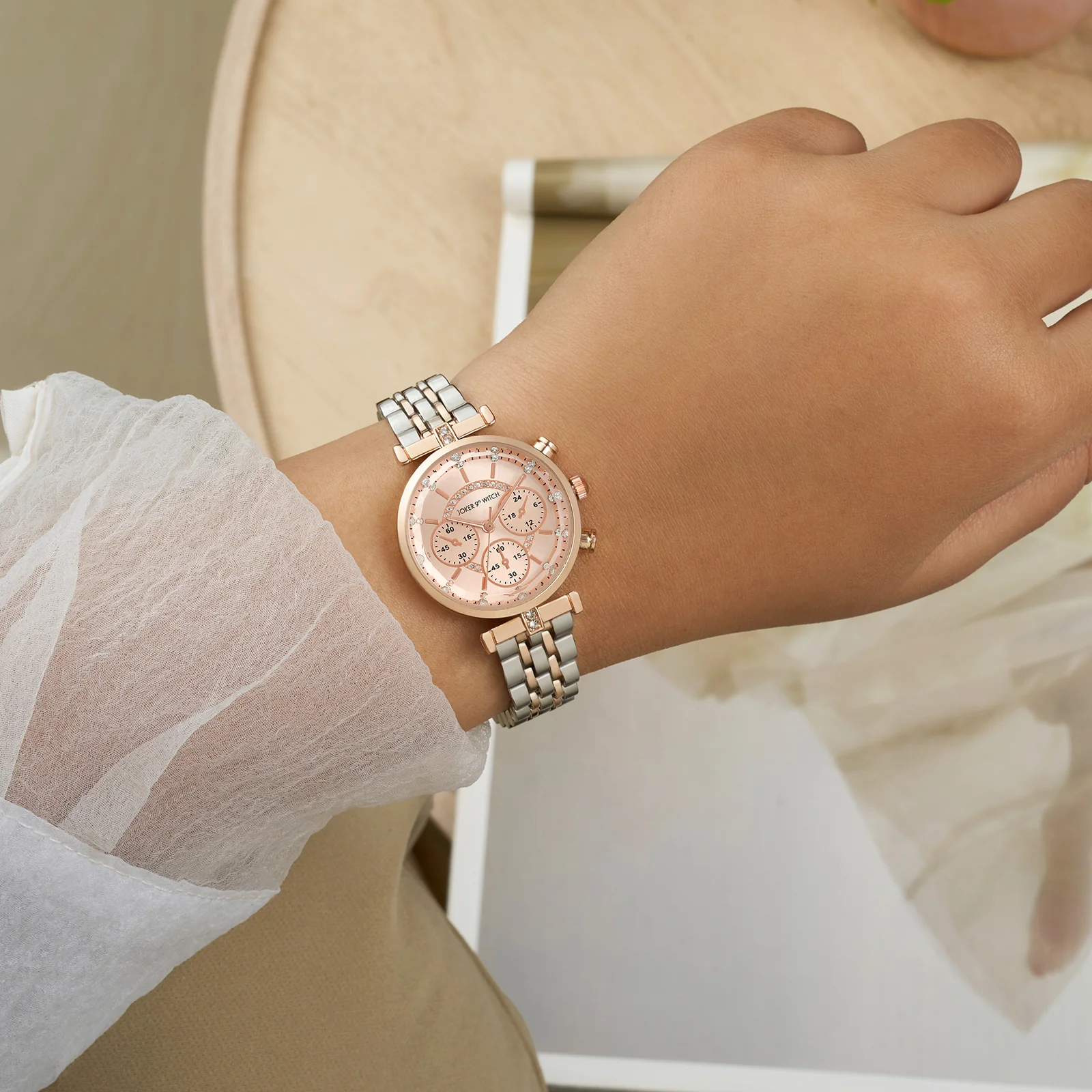 Solace Rosegold Sunray Crystal Glass Small Dial Dualtone Metallic Strap Women's Watch - Image 2