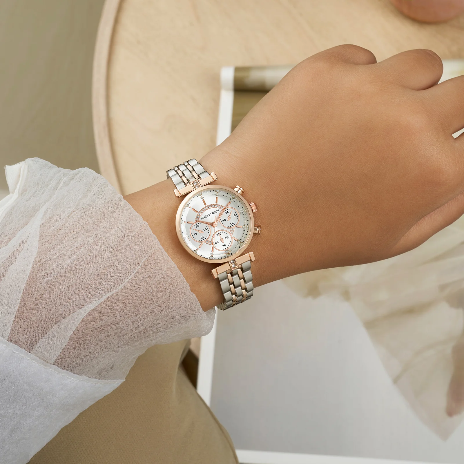 Solace Silver Sunray Crystal Glass Small Dial Dualtone Metallic Strap Women's Watch - Image 2