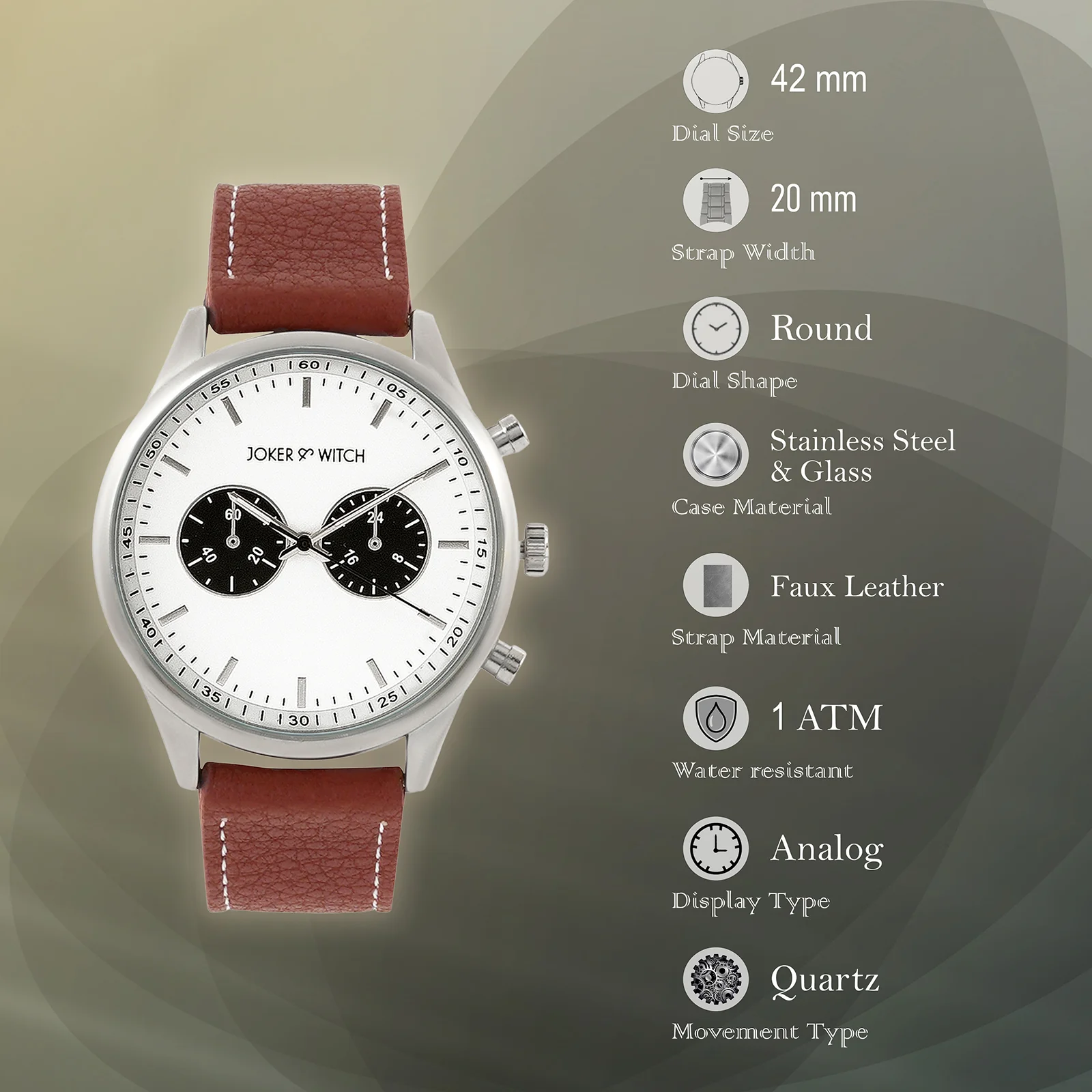 Spectra White Large Dial Brown PU Strap Men's Watch - Image 7