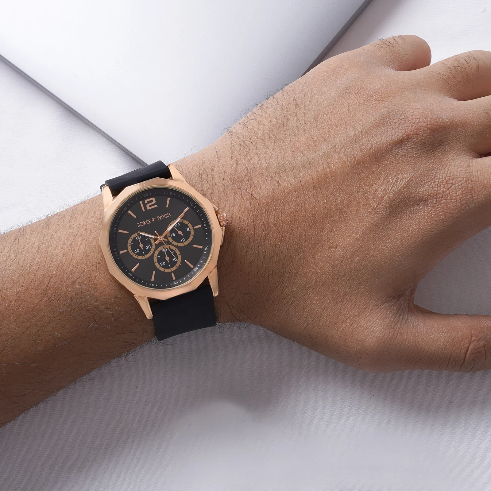 Spyder Rose Gold Black Large Hexagon Dial Silicone Strap Men's Watch - Image 2