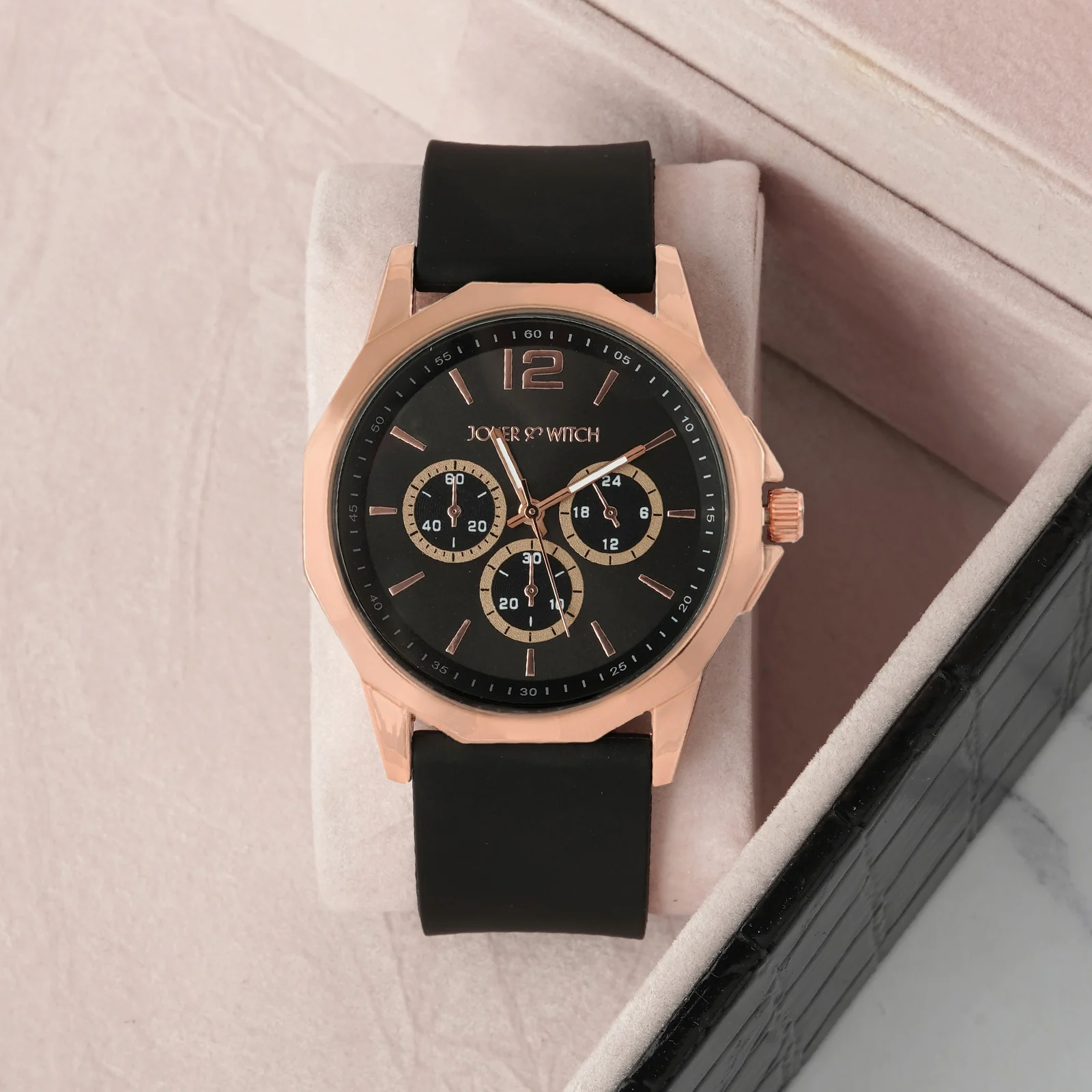 Spyder Rose Gold Black Large Hexagon Dial Silicone Strap Men's Watch - Image 3