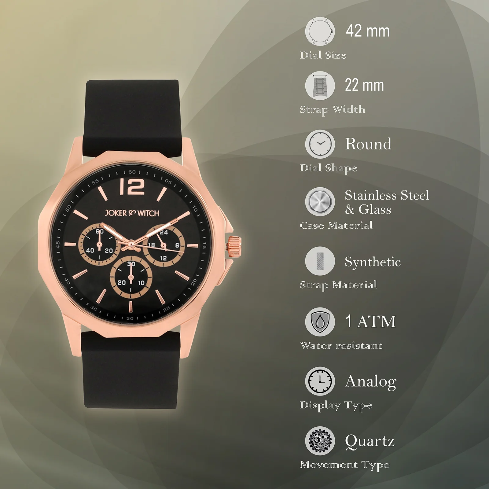Spyder Rose Gold Black Large Hexagon Dial Silicone Strap Men's Watch - Image 7