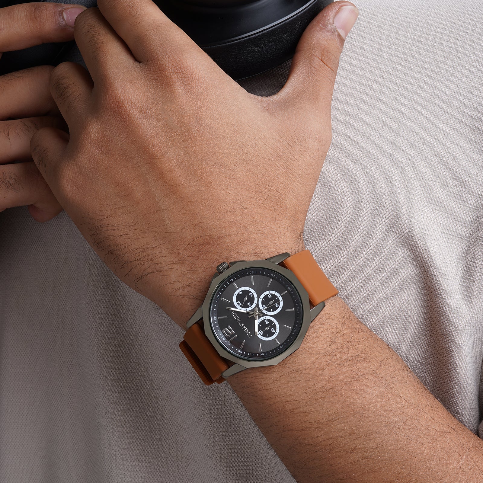 Spyder Black Large Hexagon Dial Brown Silicone Strap Men's Watch - Image 2