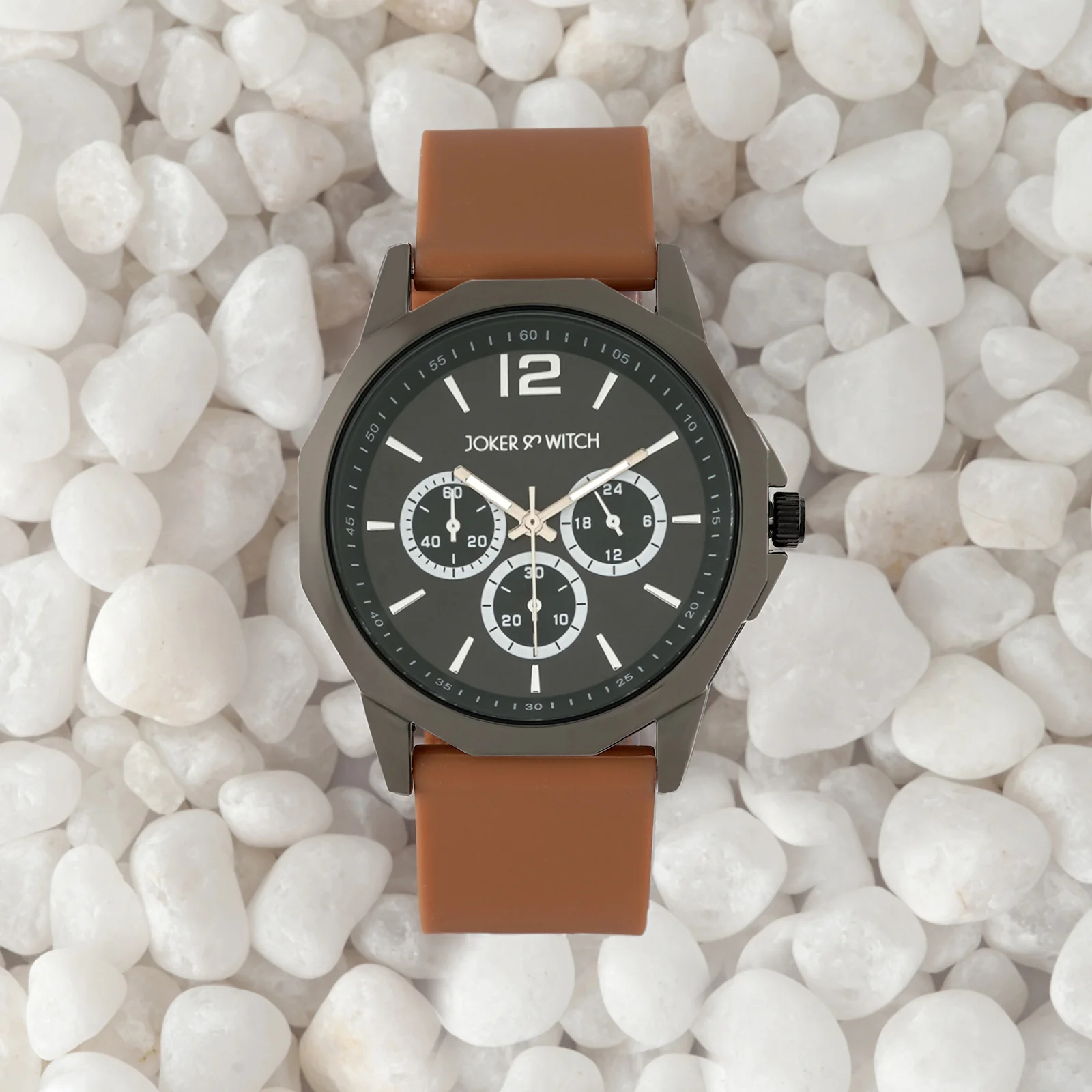 Spyder Black Large Hexagon Dial Brown Silicone Strap Men's Watch - Image 3