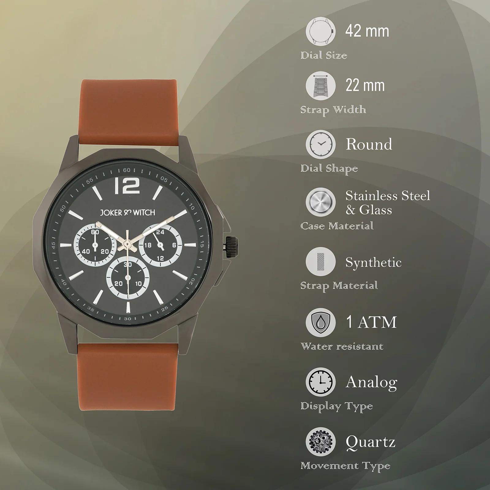 Spyder Black Large Hexagon Dial Brown Silicone Strap Men's Watch - Image 7