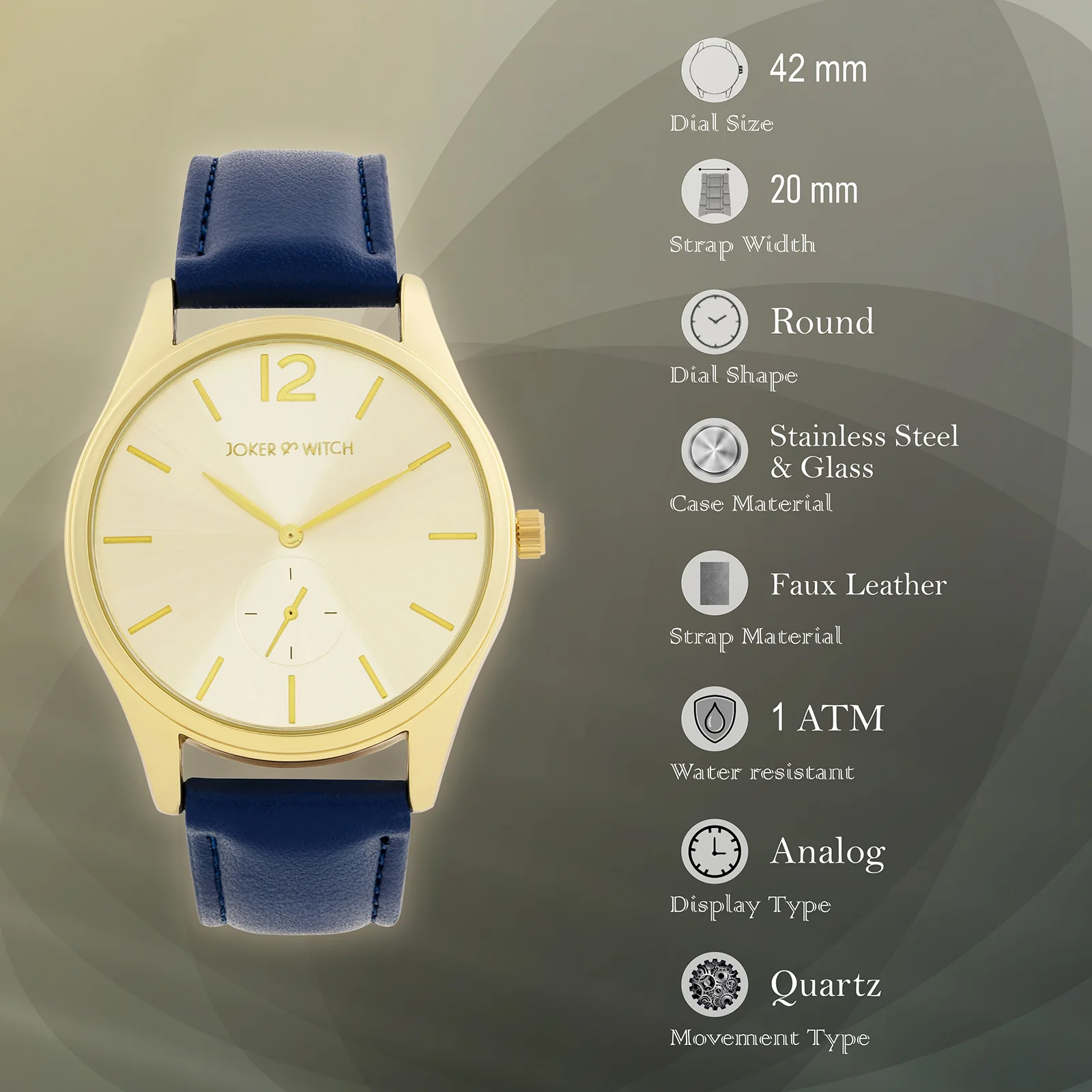 Steadfast Gold Large Dial Blue PU Strap Men's Watch - Image 7