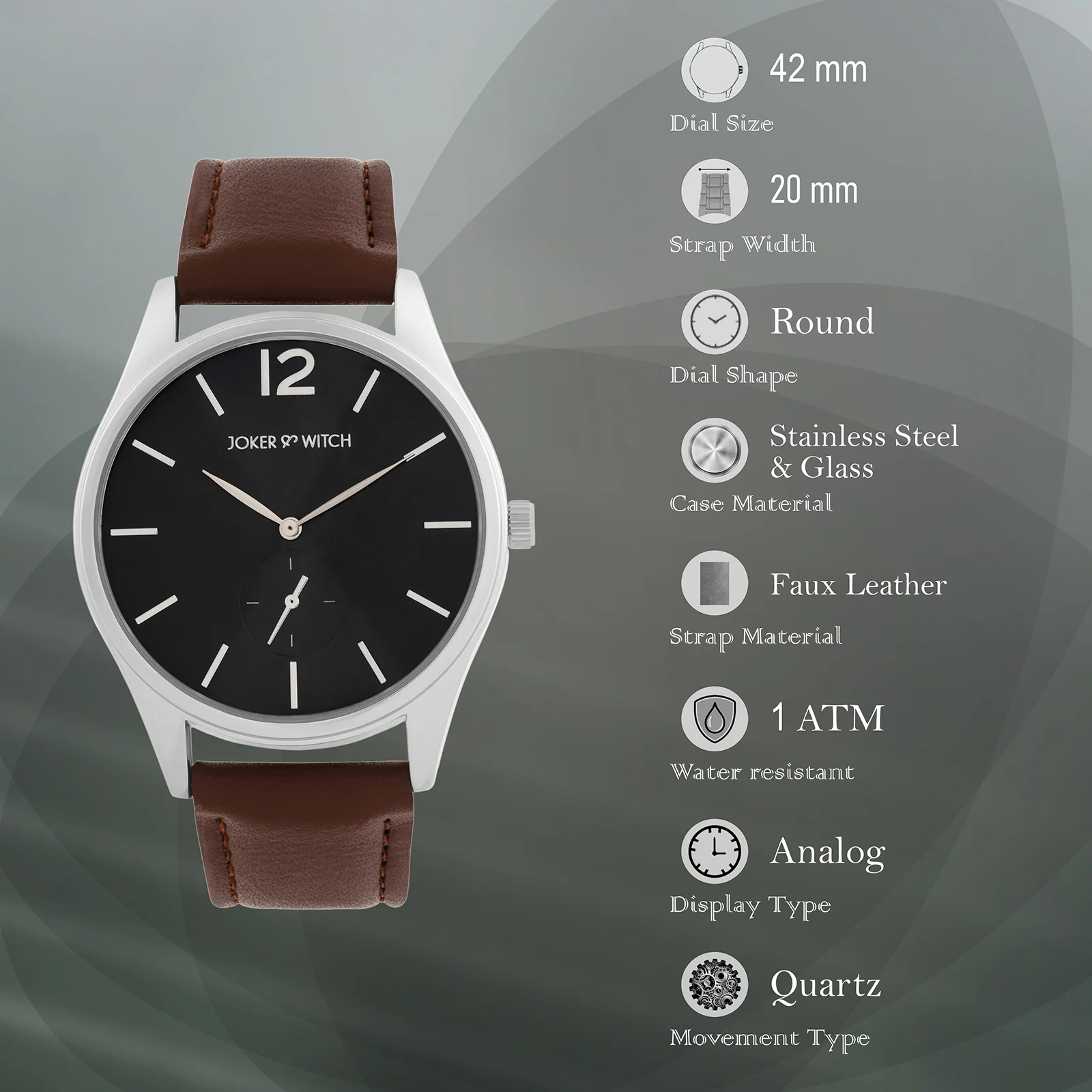 Steadfast Black Large Dial Brown PU Strap Men's Watch - Image 7