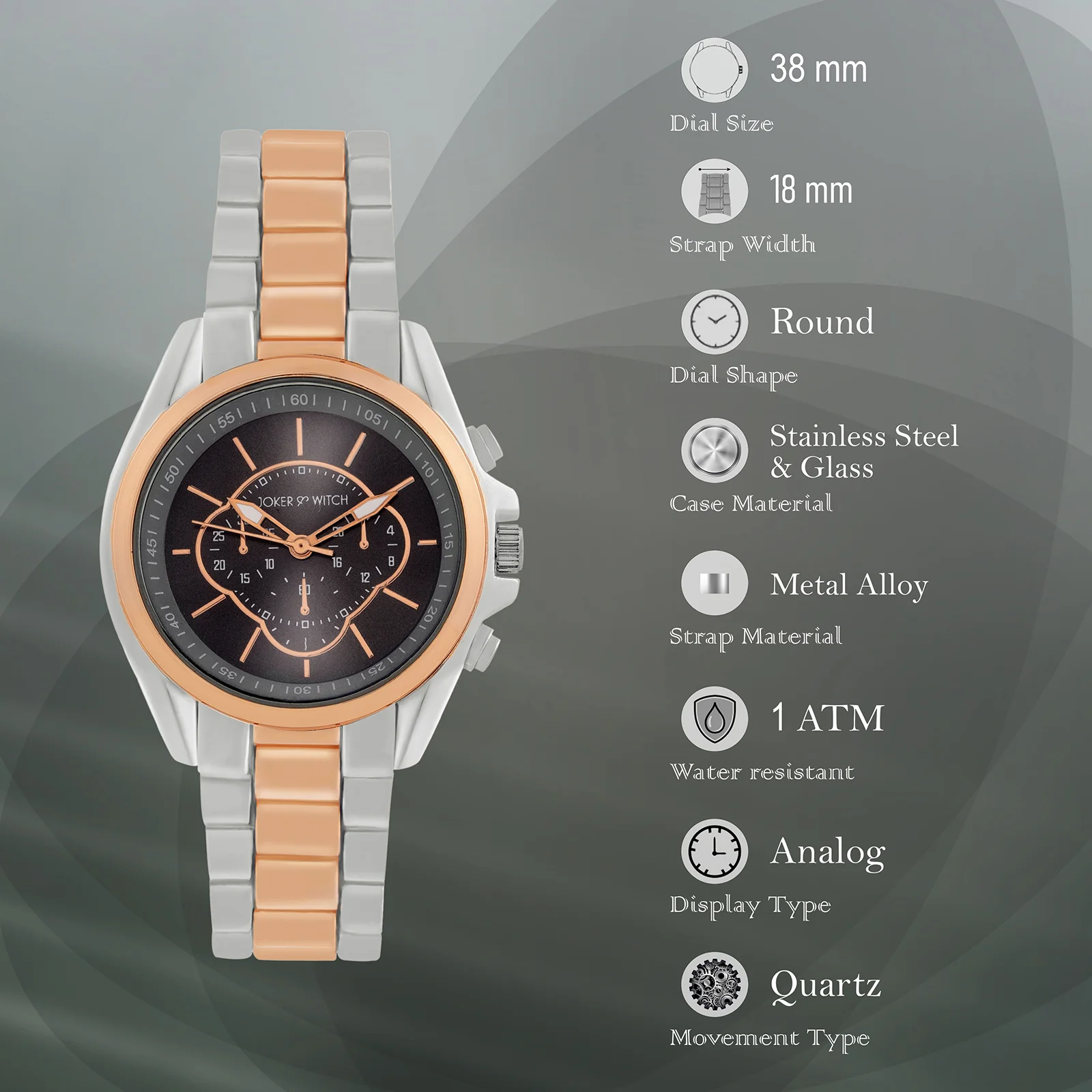 Stellar Black Large Dial Dual Tone Linked Chain Strap Women's Watch - Image 7