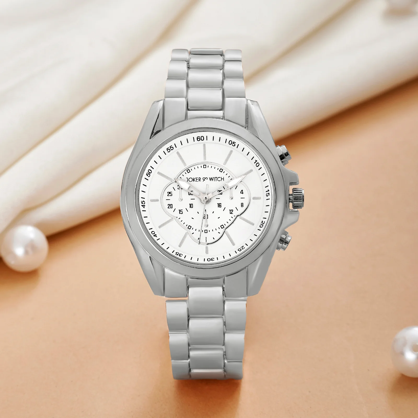 Stellar White Large Dial Silver Linked Chain Strap Women's Watch - Image 2