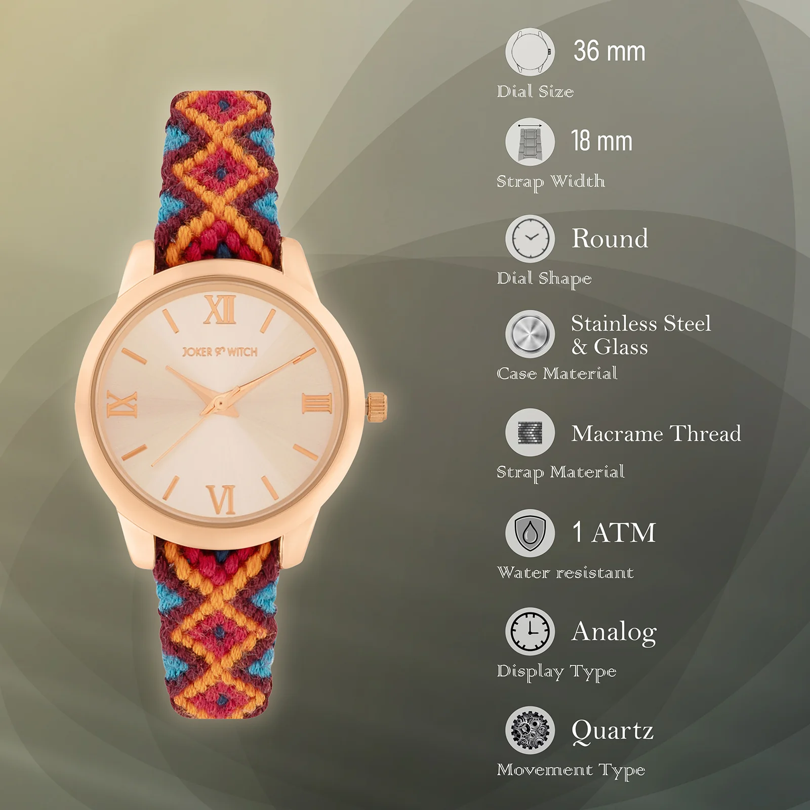 Sundown Strand Rose Gold Medium Dial Multicolor Macrame Strap Women's Watch - Image 7