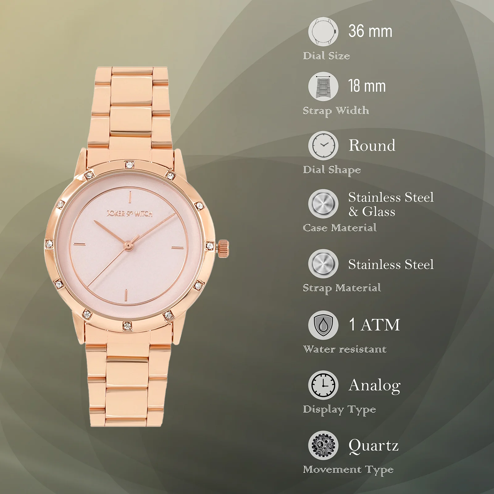 Sunset Pink Medium Rhinestone Dial Rose Gold Linked Chain Strap Women's Watch - Image 7