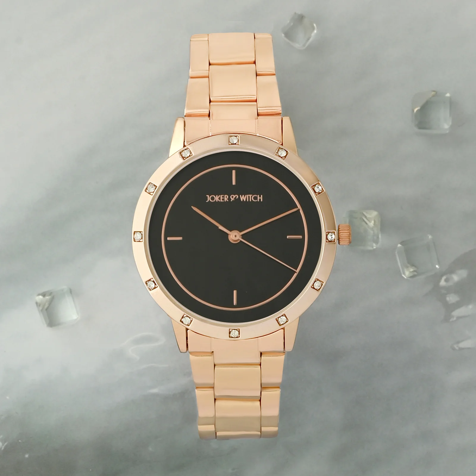 Sunset Black Medium Rhinestone Dial Rose Gold Linked Chain Strap Women's Watch - Image 3
