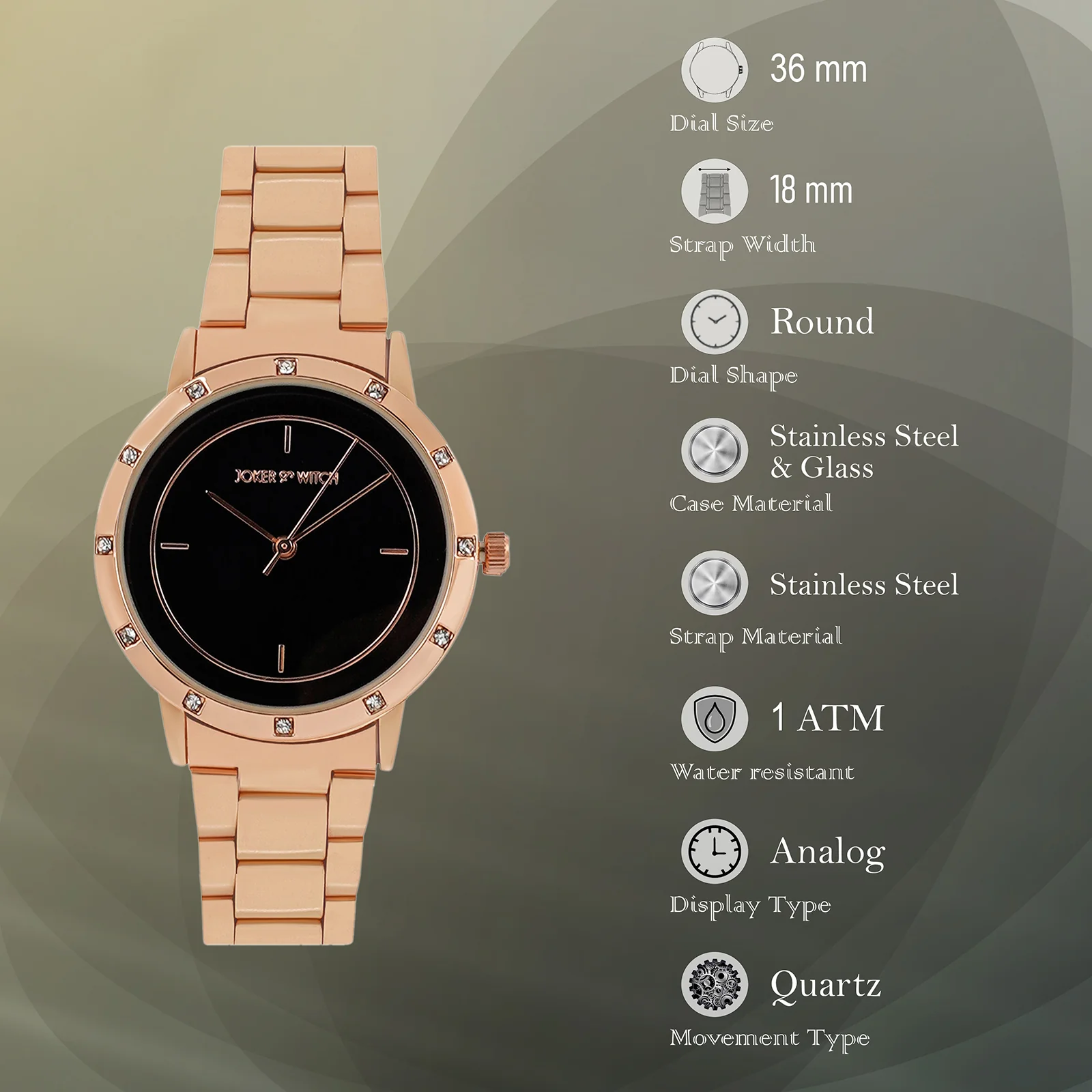 Sunset Black Medium Rhinestone Dial Rose Gold Linked Chain Strap Women's Watch - Image 7