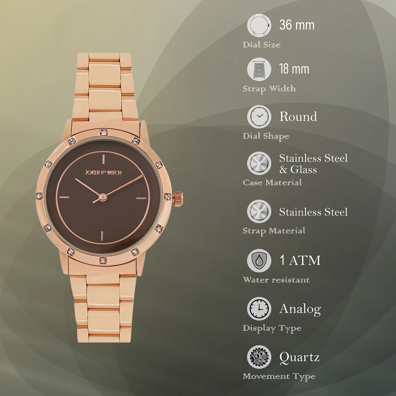 Sunset Brown Medium Rhinestone Dial Rose Gold Linked Chain Strap Women's Watch - Image 7