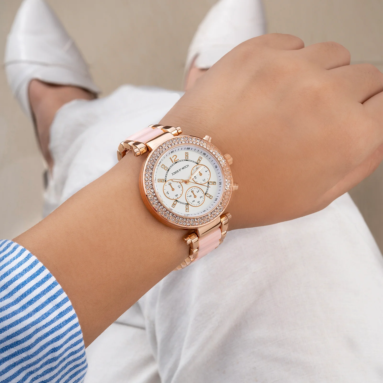 Suzanne White Large Rhinestone Dial Pink Ceramic Linked Chain Strap Women's Watch - Image 2