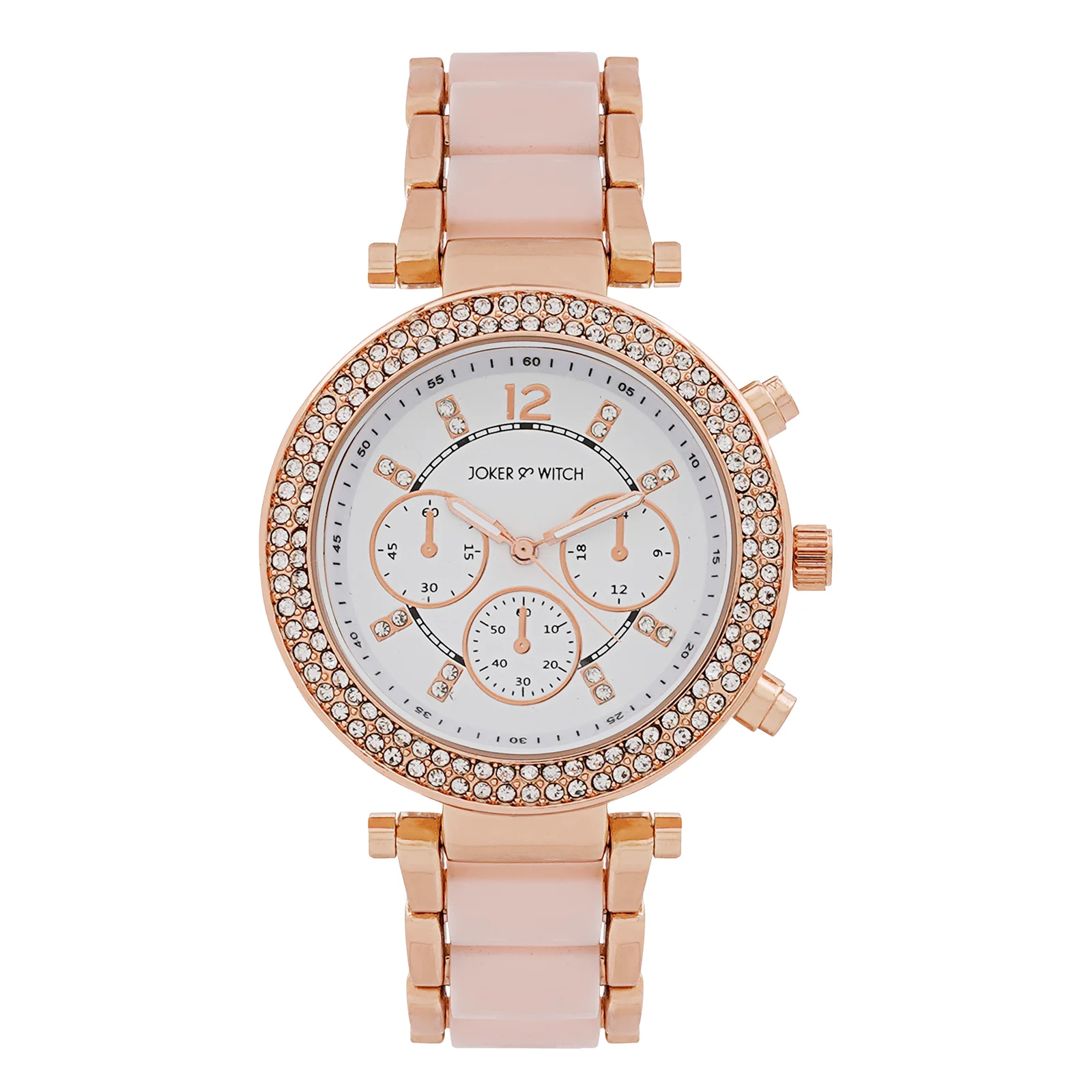 Suzanne White Large Rhinestone Dial Pink Ceramic Linked Chain Strap Women's Watch - Image 3