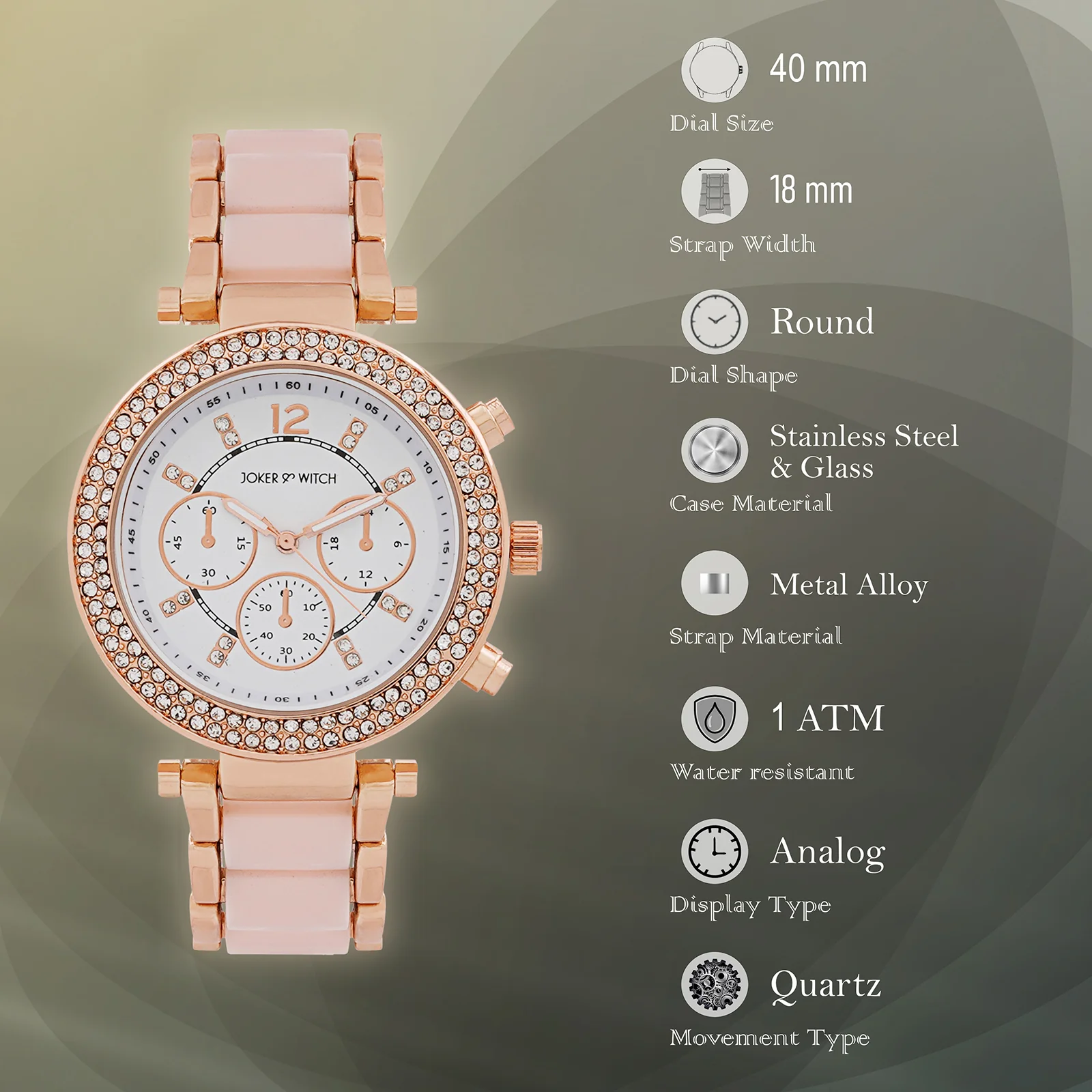 Suzanne White Large Rhinestone Dial Pink Ceramic Linked Chain Strap Women's Watch - Image 7