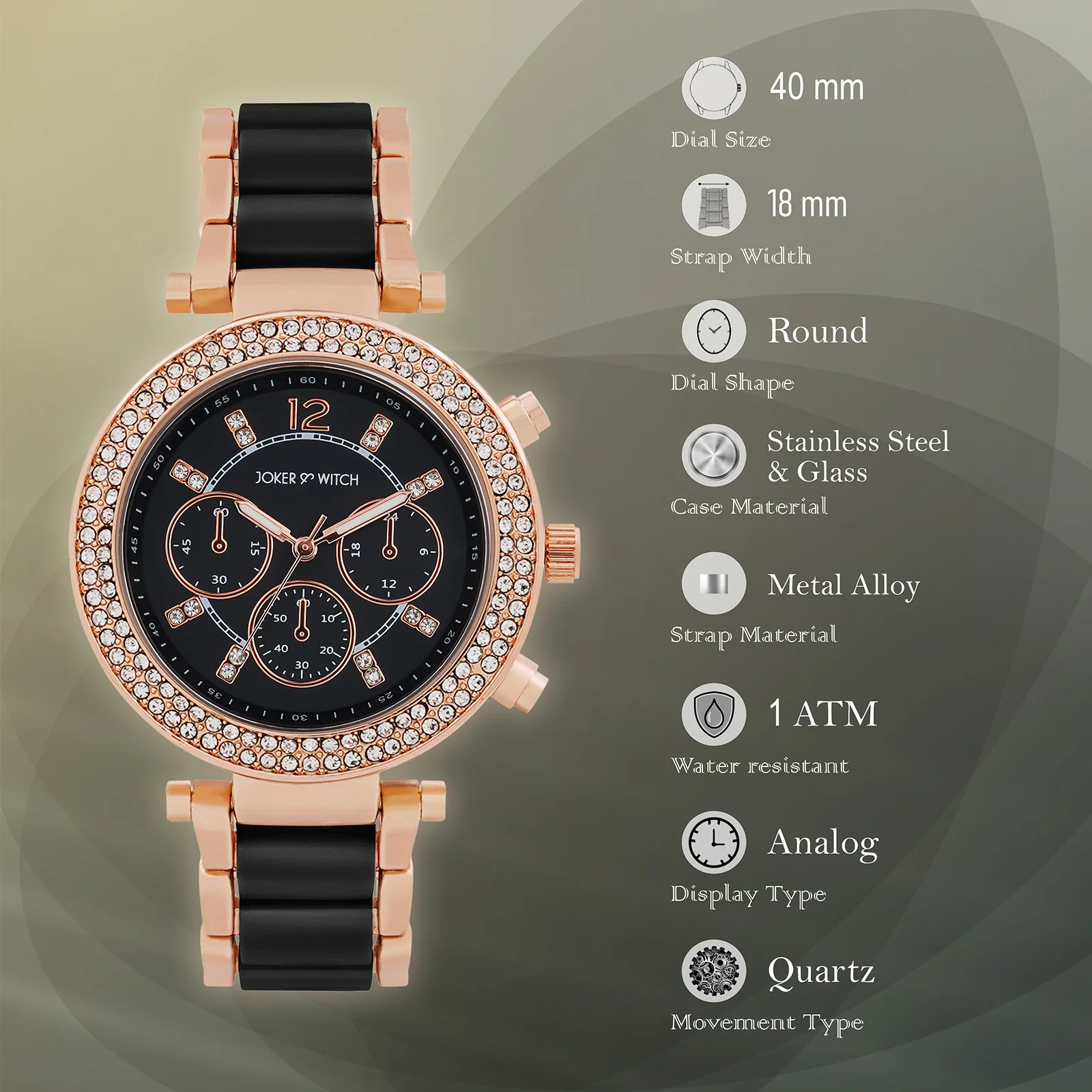Suzanne Black Large Rhinestone Dial Black Ceramic Linked Chain Strap Women's Watch - Image 8