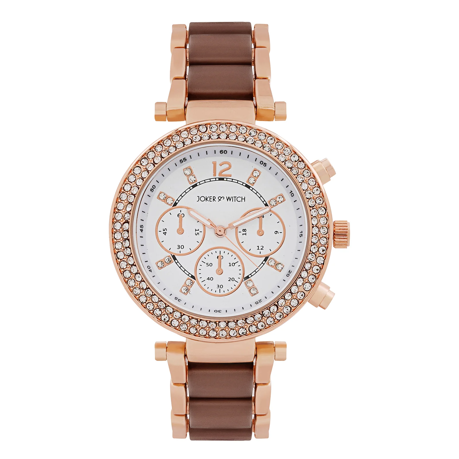 Suzanne White Large Rhinestone Dial Brown Ceramic Linked Chain Strap Women's Watch - Image 3