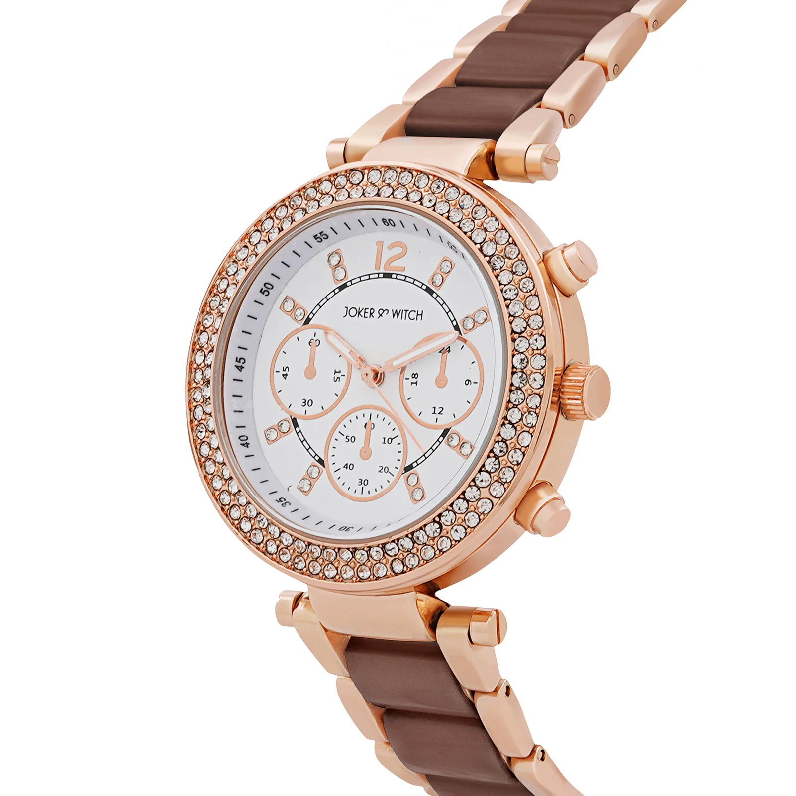 Suzanne White Large Rhinestone Dial Brown Ceramic Linked Chain Strap Women's Watch - Image 4